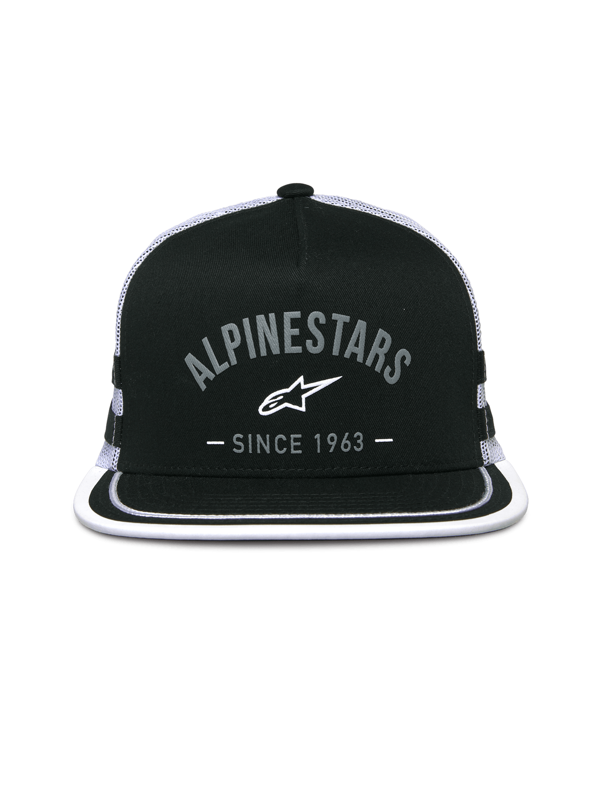 Alpinestars Backline Trucker Hat, gorra estilo trucker, negro y blanco, gráfico frontal con el logotipo 'Alpinestars Since 1963', visera plana con ribete blanco, corona estructurada y parte posterior de malla