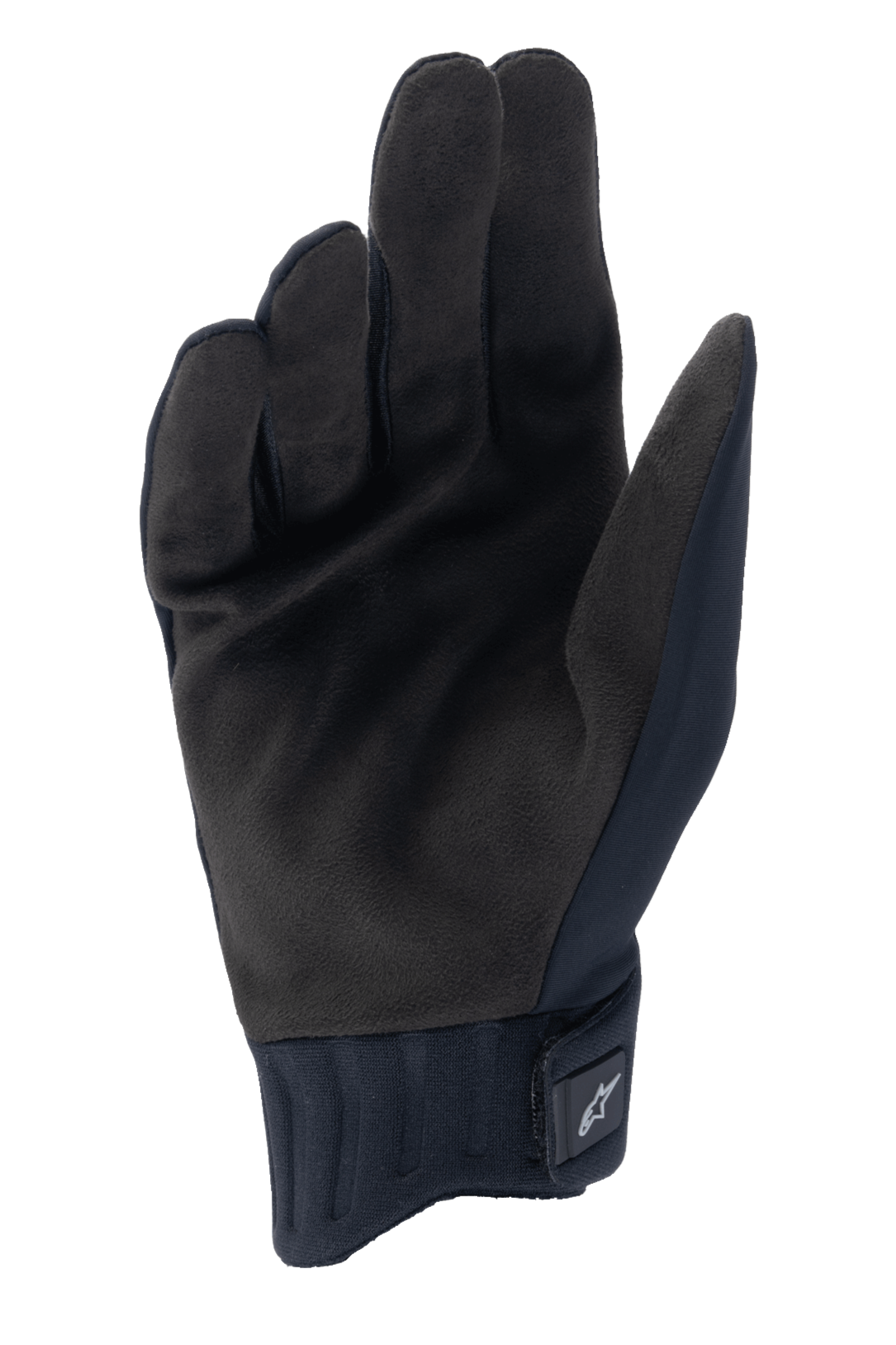 Guantes de lluvia Alpinestars A-Dura, guantes de ciclismo negros, vista de la palma que muestra material de gamuza sintética, puño de neopreno acanalado con cierre de gancho y bucle, diseño de perfil bajo para ciclismo de montaña y protección para climas húmedos