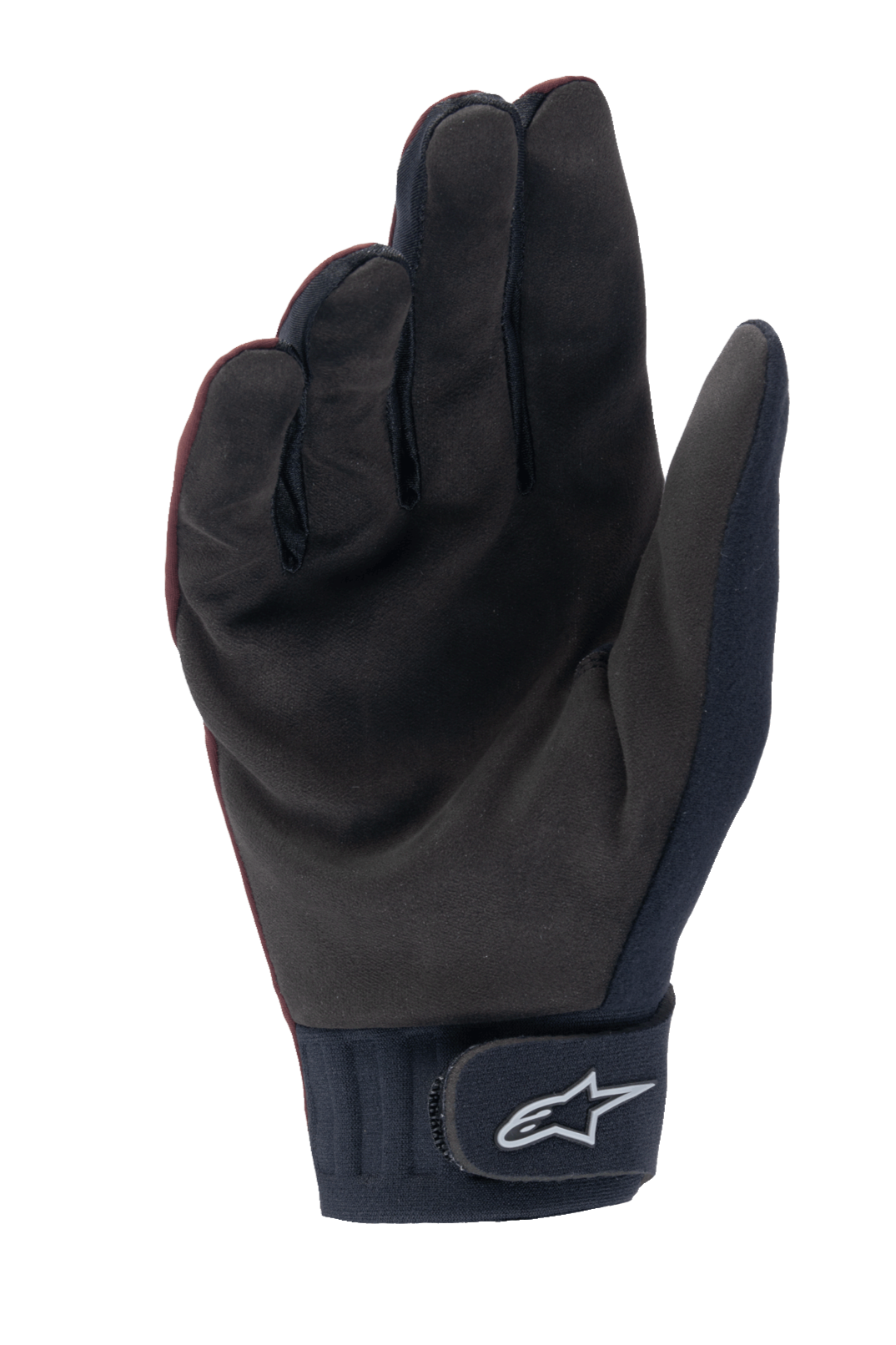 Guantes térmicos Alpinestars A-Dura, guantes de MTB, burdeos oscuro y negro, vista de la palma que muestra gamuza sintética, puño de neopreno con cierre de gancho y bucle y logotipo Astar blanco, diseñados para ciclismo de montaña en climas fríos