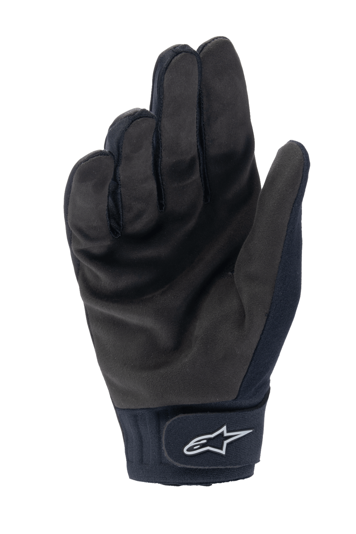 Guantes térmicos Alpinestars Stella A-Dura, guantes de ciclismo para mujer, negros, vista de la palma con textura de ante sintético, puño de neopreno con cierre de gancho y bucle y logotipo de estrella blanca, equipamiento de MTB para clima frío