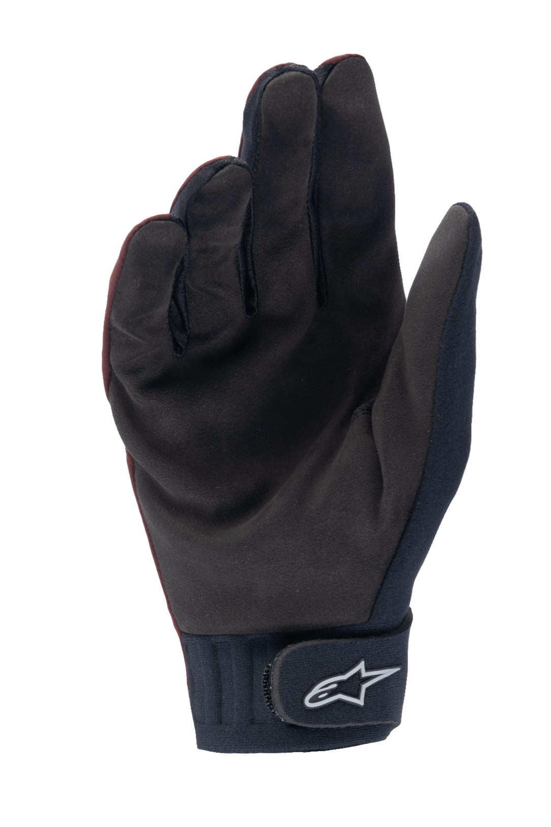 Guantes térmicos Alpinestars Stella A-Dura, guantes de MTB para mujer, granate oscuro y negro, vista de la palma que muestra el material de ante sintético, puño de neopreno con correa de gancho y bucle con el logotipo blanco de Alpinestars, diseñados para ciclismo en climas fríos