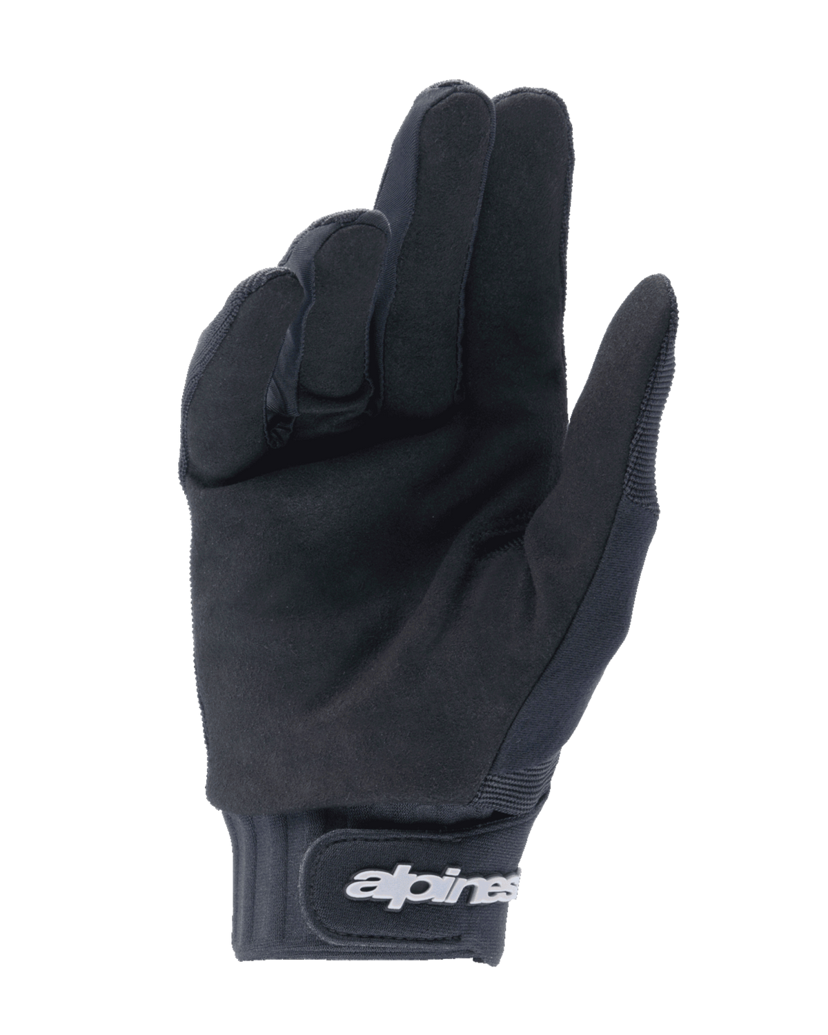 Guantes Juveniles Alpinestars A-Dura, negros, vista de la palma que muestra el material de ante sintético para el agarre, puño de neopreno con correa de muñeca de gancho y bucle y logotipo blanco, diseñados para ciclismo de montaña y todoterreno juvenil