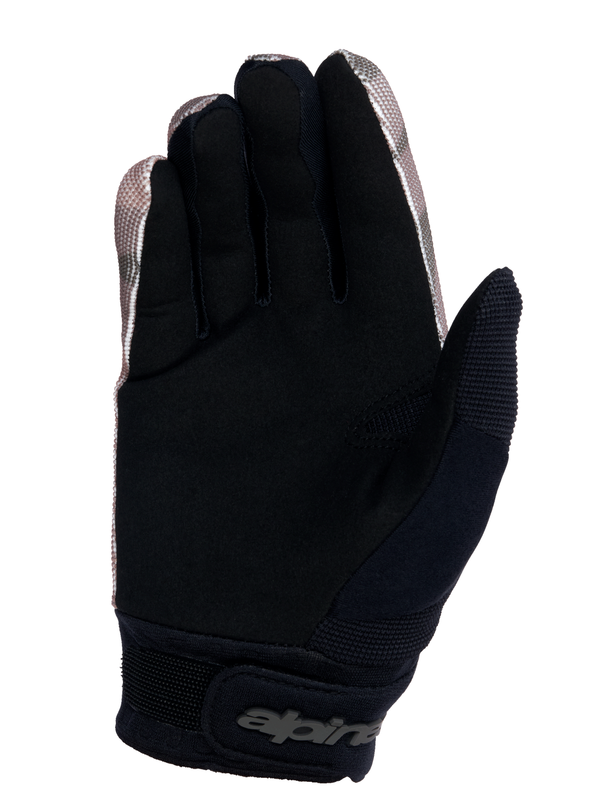 Alpinestars Youth A-Dura Gloves, guantes de bicicleta de montaña, camuflaje y negro, vista de la palma con ante sintético duradero para mayor agarre, puño de neopreno con cierre de muñeca de gancho y bucle, y panel absorbente de sudor en el pulgar.