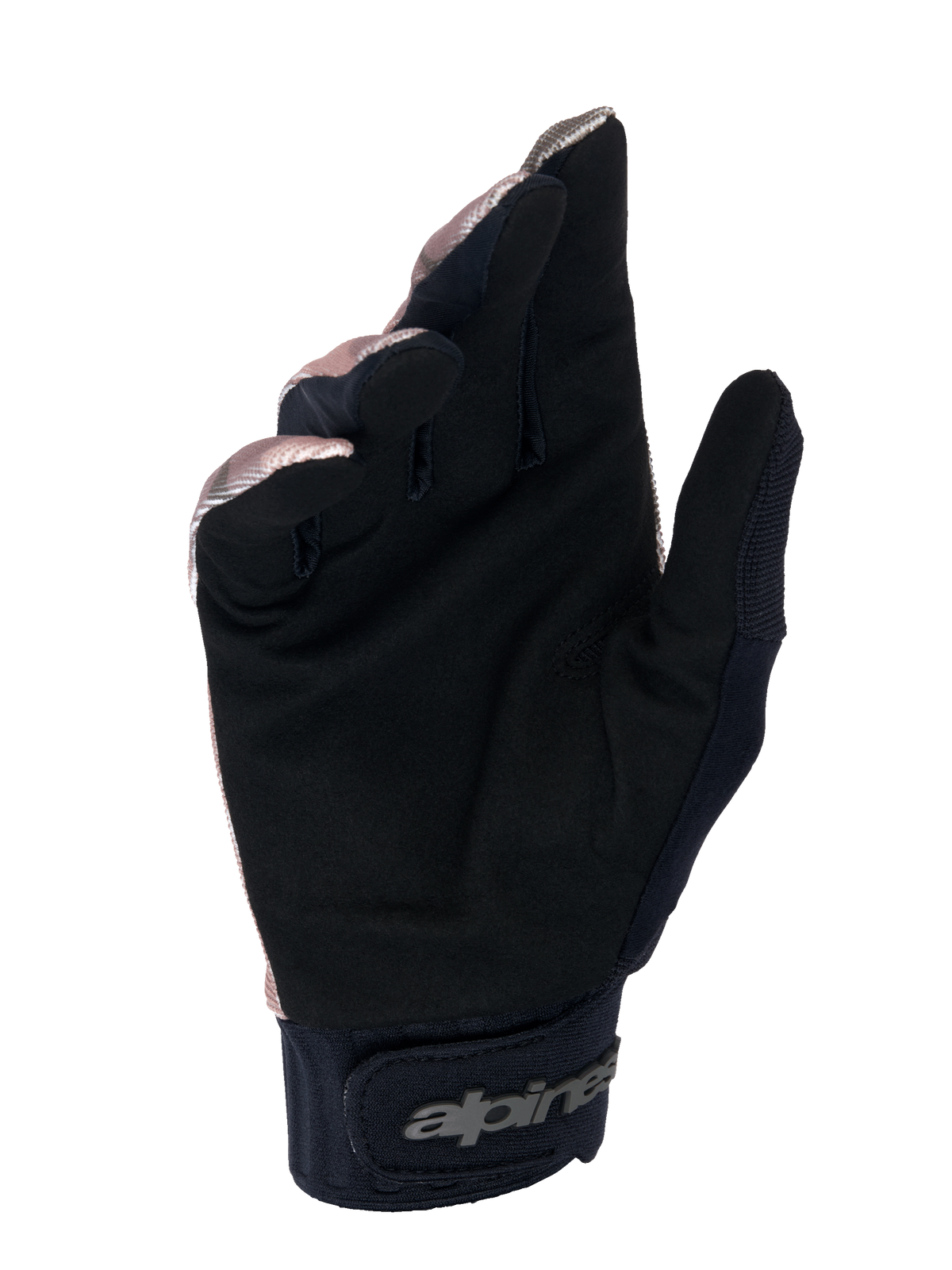Guantes Alpinestars A-Dura Squad, guantes de MTB, camuflaje y marrón, vista de la palma que muestra ante sintético negro, puño de neopreno con cierre de gancho y bucle y logotipo de Alpinestars, diseño duradero para ciclismo de montaña