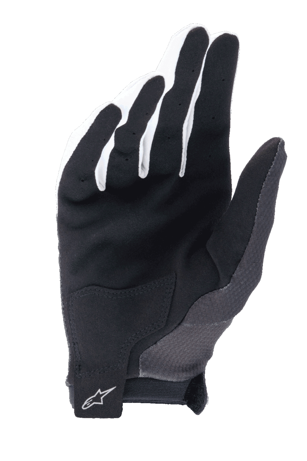 Guantes Alpinestars A-Aria, negros, vista de la palma que muestra ante sintético para el agarre, parche de palma reforzado y cierre de muñeca con gancho y bucle con el logo de Alpinestars, guantes ligeros para bicicleta de montaña