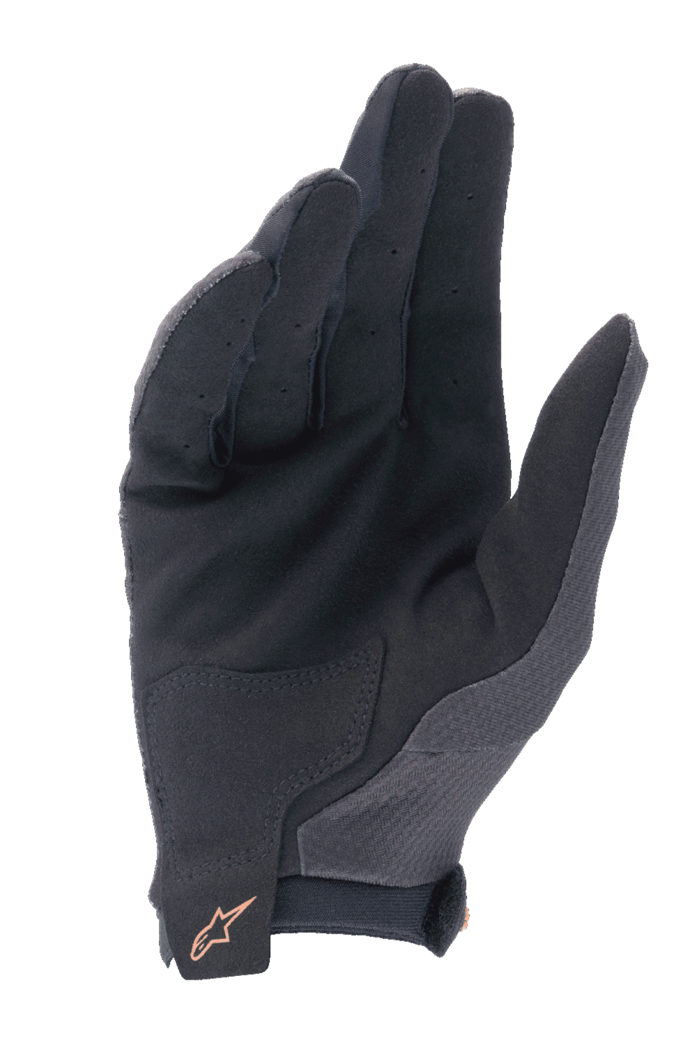 Guantes Alpinestars A-Aria, guantes de ciclismo MTB, negros con logotipo en oro oscuro, vista de la palma que muestra el material de ante sintético, dedos perforados para ventilación y parche de refuerzo en la palma.