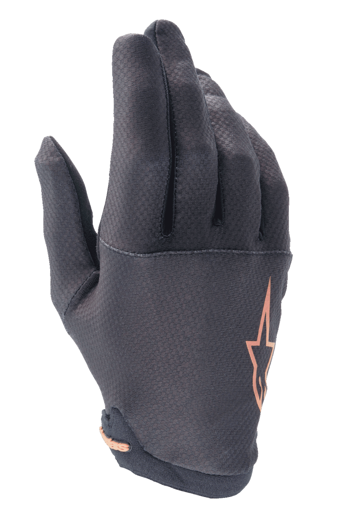 Guantes Alpinestars A-Aria, guantes para ciclismo de montaña (MTB), negros con logo de estrella en oro rosa, con un patrón de cuadrícula texturizado en los dedos y tejido elástico ligero para rodar por senderos