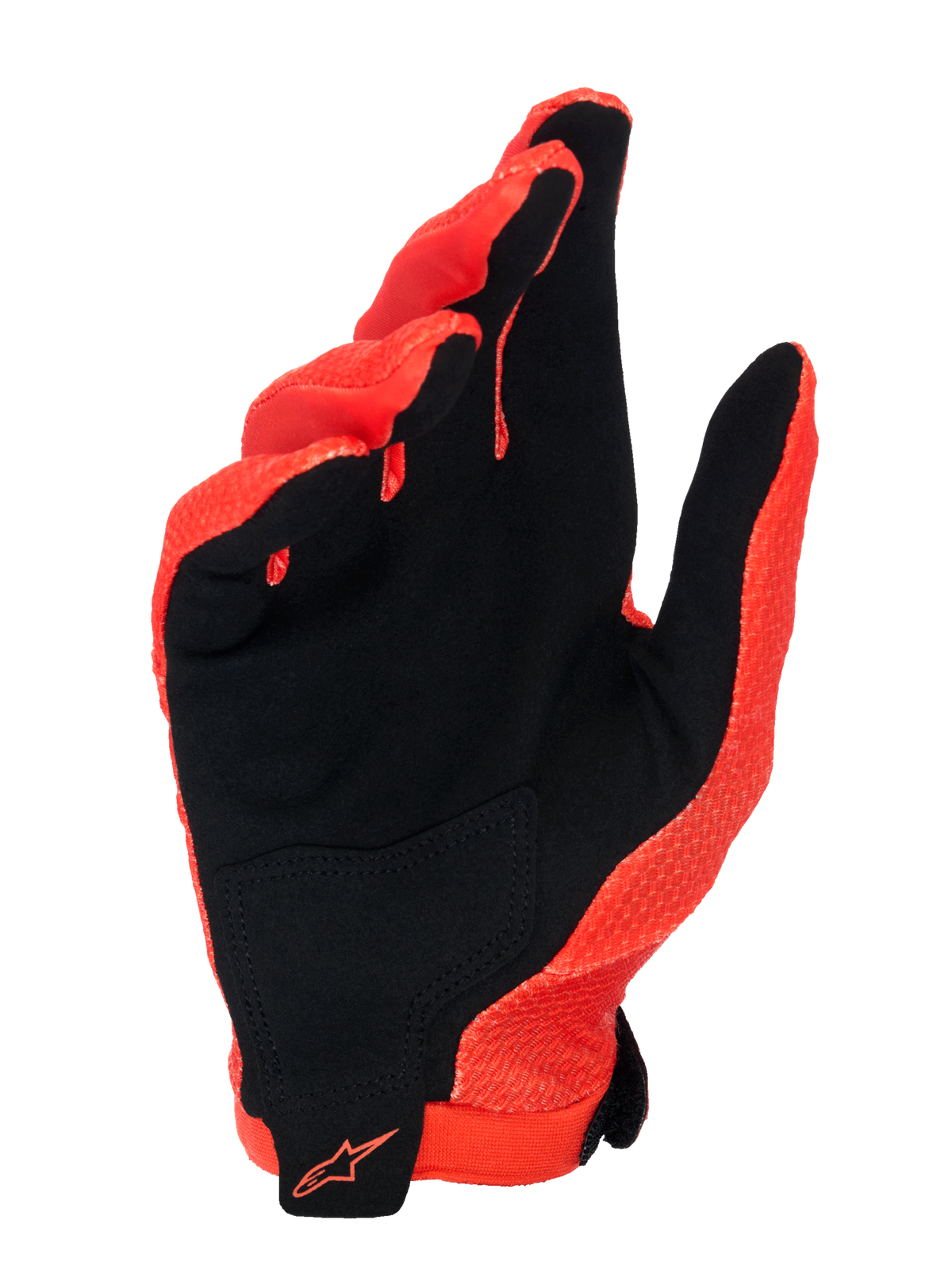 Guantes Alpinestars A-Aria, naranja Spicy y negro, vista de la palma que muestra el material de ante sintético con un parche negro en la palma, logotipo naranja de Alpinestars en la muñeca, diseño ligero y ventilado para MTB y ciclismo todoterreno