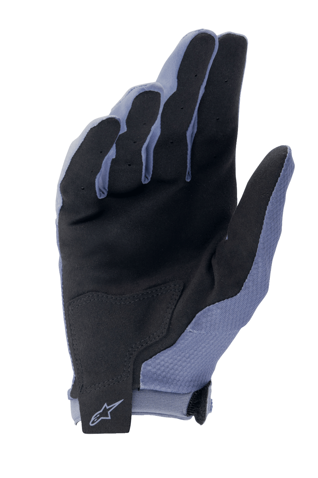 Alpinestars A-Aria Gloves, Cycling MTB Gloves, Infinity Blue and Black, palm view featuring synthetic suede for grip, reinforced palm patch, and hook-and-loop wrist strap with Alpinestars logo