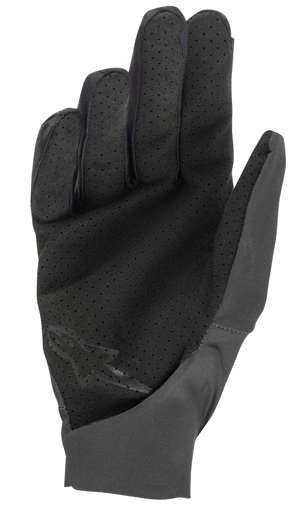 Guantes Alpinestars Drop 4.0, negros, vista de la palma que muestra el material perforado para el flujo de aire, construcción de ajuste ceñido con tejido elástico ligero, logotipo discreto en la parte inferior de la palma, diseñados para la práctica de enduro y MTB