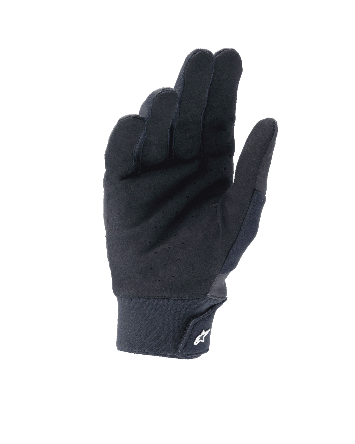 Guantes Alpinestars A-Supra Shield, negros, vista de la palma con gamuza sintética perforada para ventilación, puño de neopreno con cierre de gancho y bucle y logotipo de estrella blanco, equipamiento técnico para MTB y ciclismo de gravedad