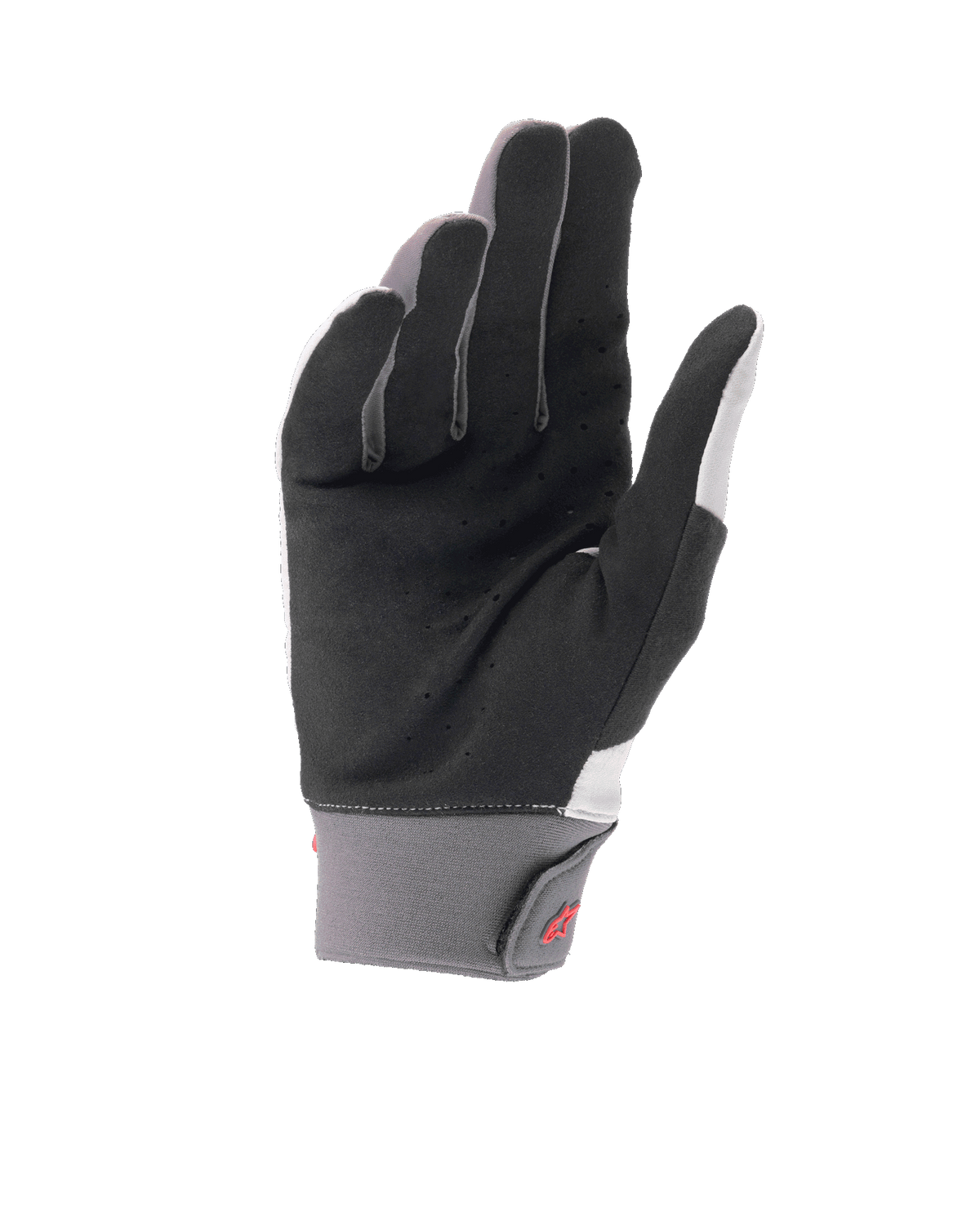 Guantes Alpinestars A-Supra Shield, guantes de ciclismo de montaña en gris claro, vista de la palma con ante sintético negro perforado para ventilación, puño de neopreno gris con cierre de gancho y bucle y logotipo rojo