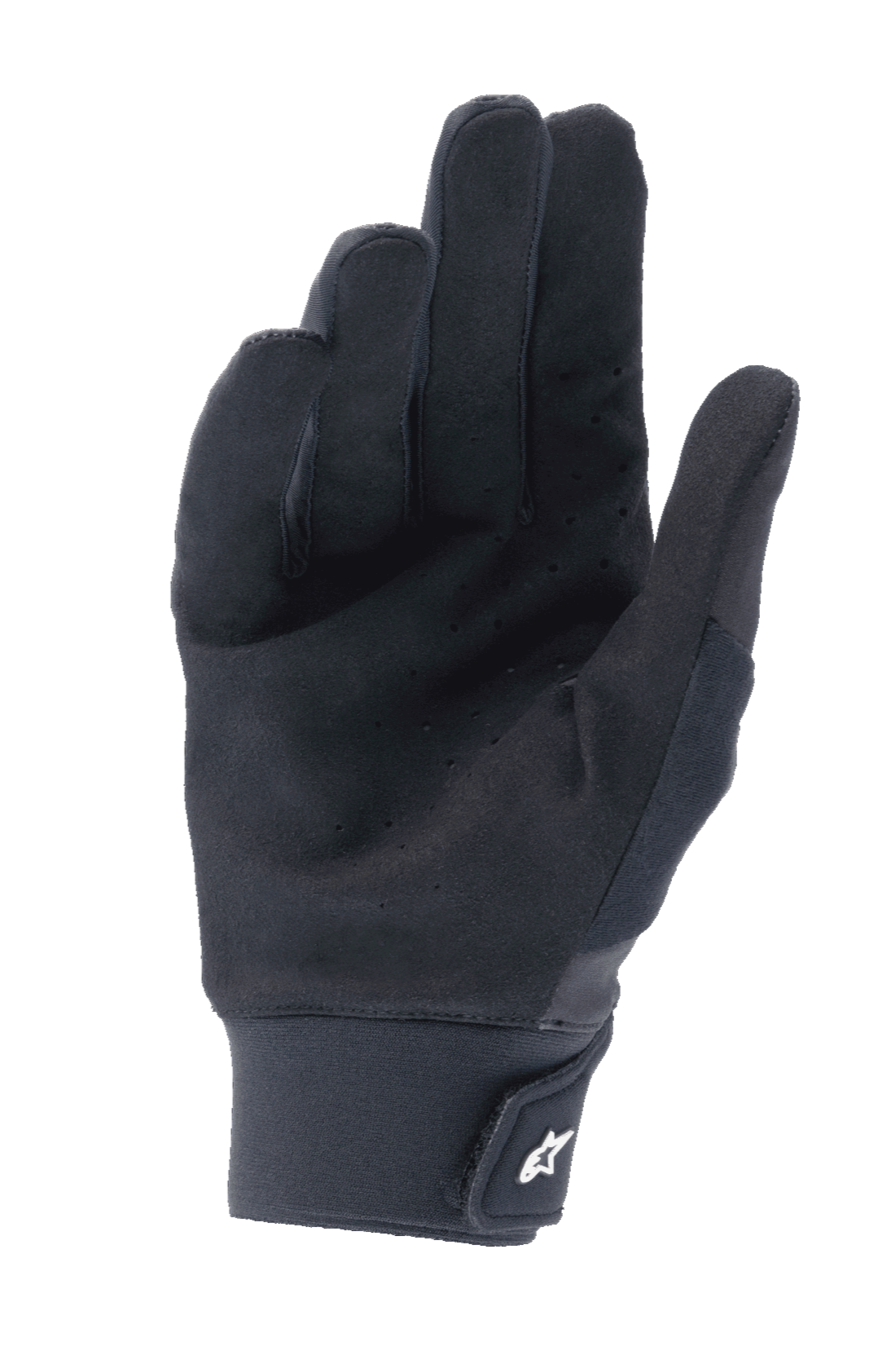 Guantes Alpinestars A-Supra, negros, vista de la palma con ante sintético perforado para ventilación, puño de neopreno con cierre de gancho y bucle y logo blanco, equipamiento de alto rendimiento para ciclismo de montaña