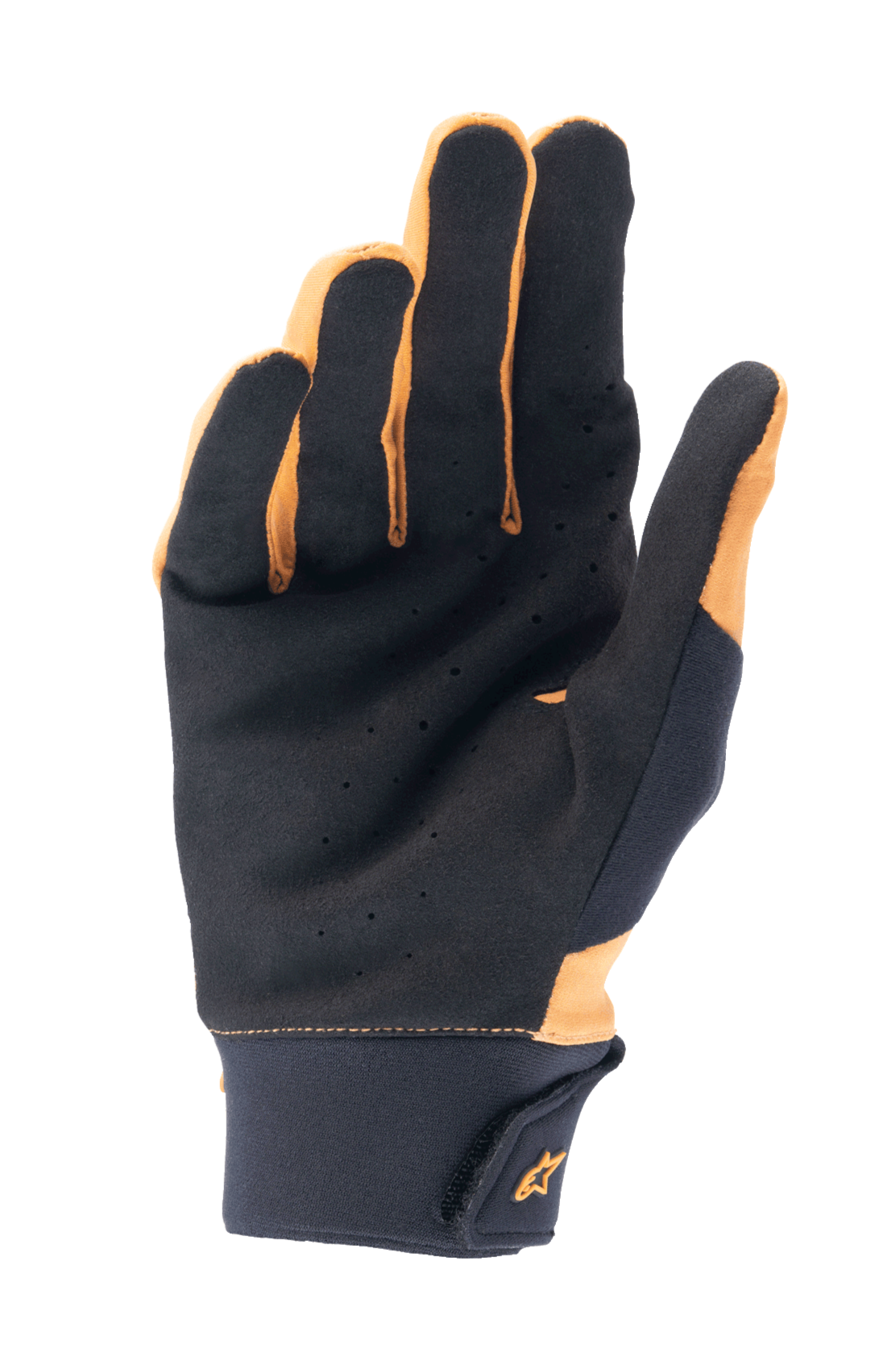 Guantes Alpinestars A-Supra, dorado oscuro y negro, vista de la palma que muestra ante sintético perforado para ventilación y agarre, puño ancho de neopreno con cierre de gancho y bucle y logotipo dorado, guantes de ciclismo para mountain bike