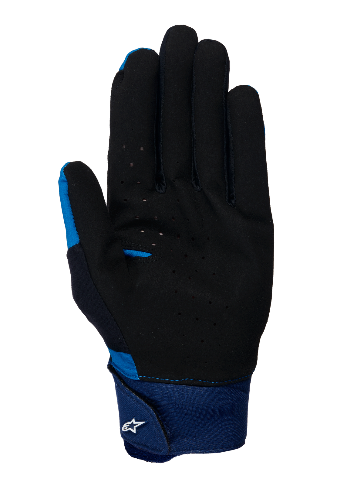 Guantes Alpinestars A-Supra, guantes de MTB azules, vista de la palma que muestra el material de gamuza perforada negra, puño grande de neopreno azul con cierre de gancho y bucle y logotipo Astars blanco