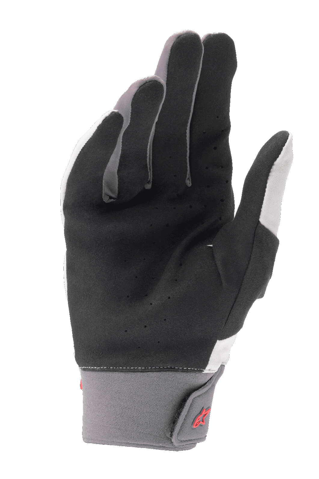 Guantes Alpinestars A-Supra, guantes para bicicleta de montaña, gris claro y negro, con palma de gamuza sintética perforada, puño de neopreno con cierre de gancho y bucle, detalle del logo en rojo, diseñados para ciclismo de alto rendimiento