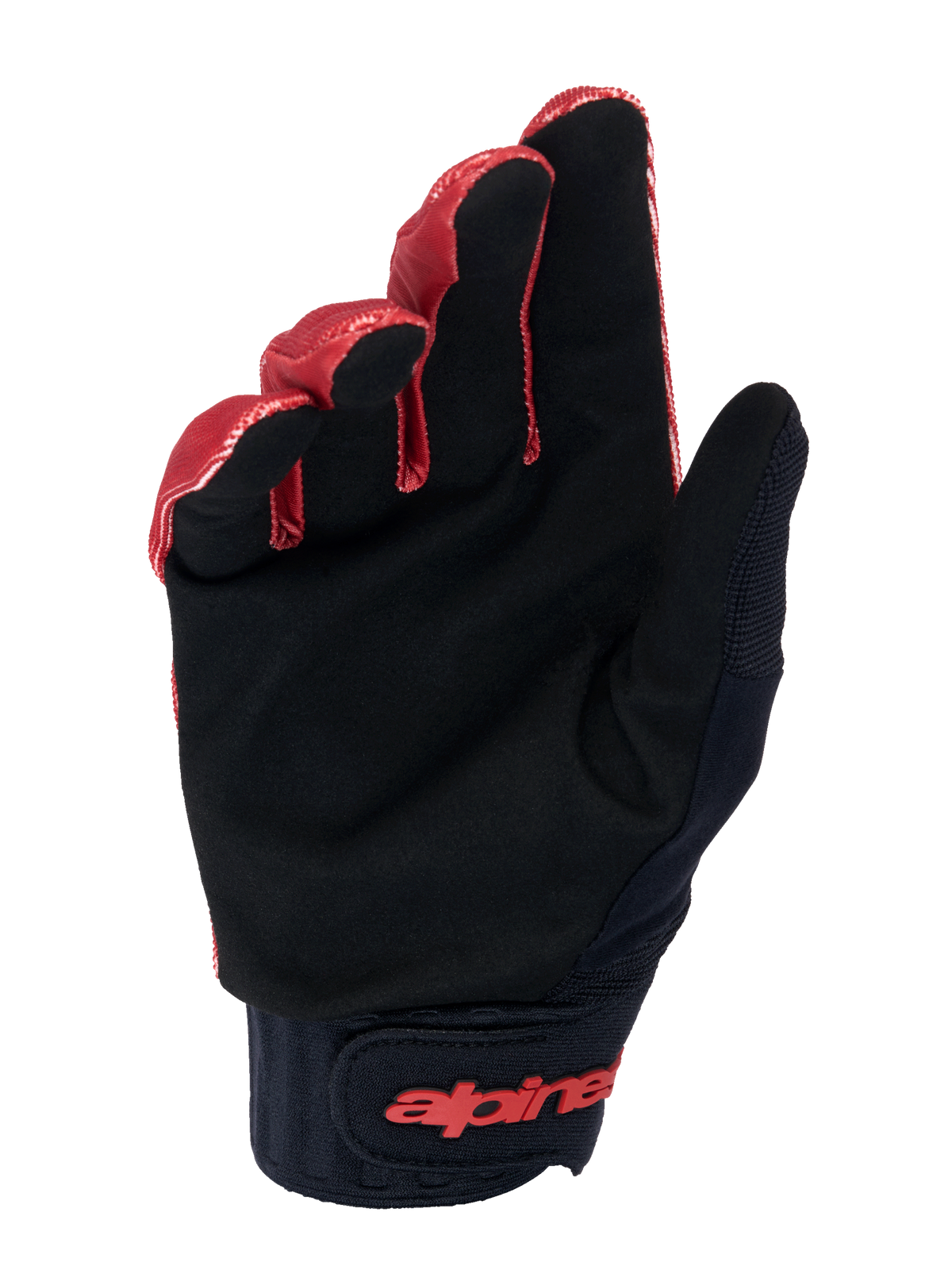 Guantes Alpinestars A-Dura, guantes para bicicleta de montaña, naranja oscuro y negro, vista de la palma con ante sintético negro para agarre, puño ancho de neopreno con marca en rojo en el cierre de muñeca de gancho y bucle, diseñados para durabilidad y tacto en MTB