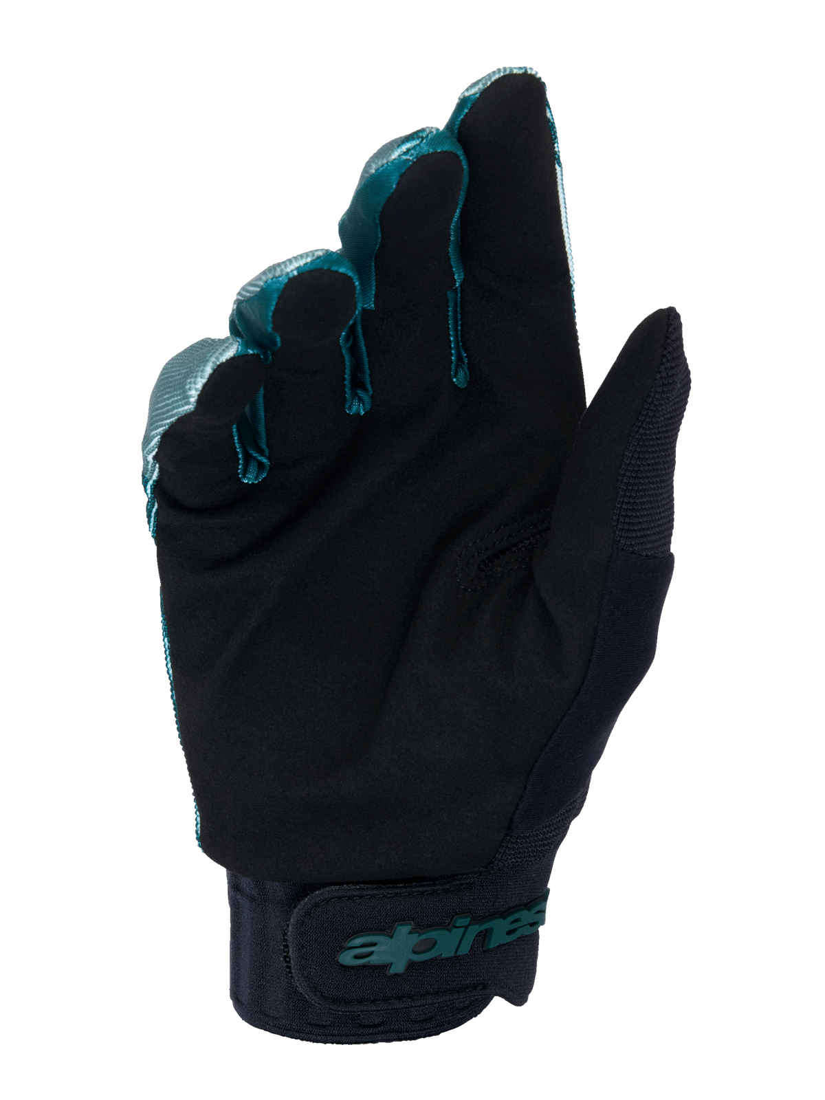 Guantes Alpinestars A-Dura, guantes de ciclismo MTB, verde camuflaje y negro, vista de la palma que muestra el material de ante sintético negro, puño de neopreno con correa ajustable de gancho y bucle, logotipo Alpinestars en verde azulado, equipamiento profesional para todoterreno