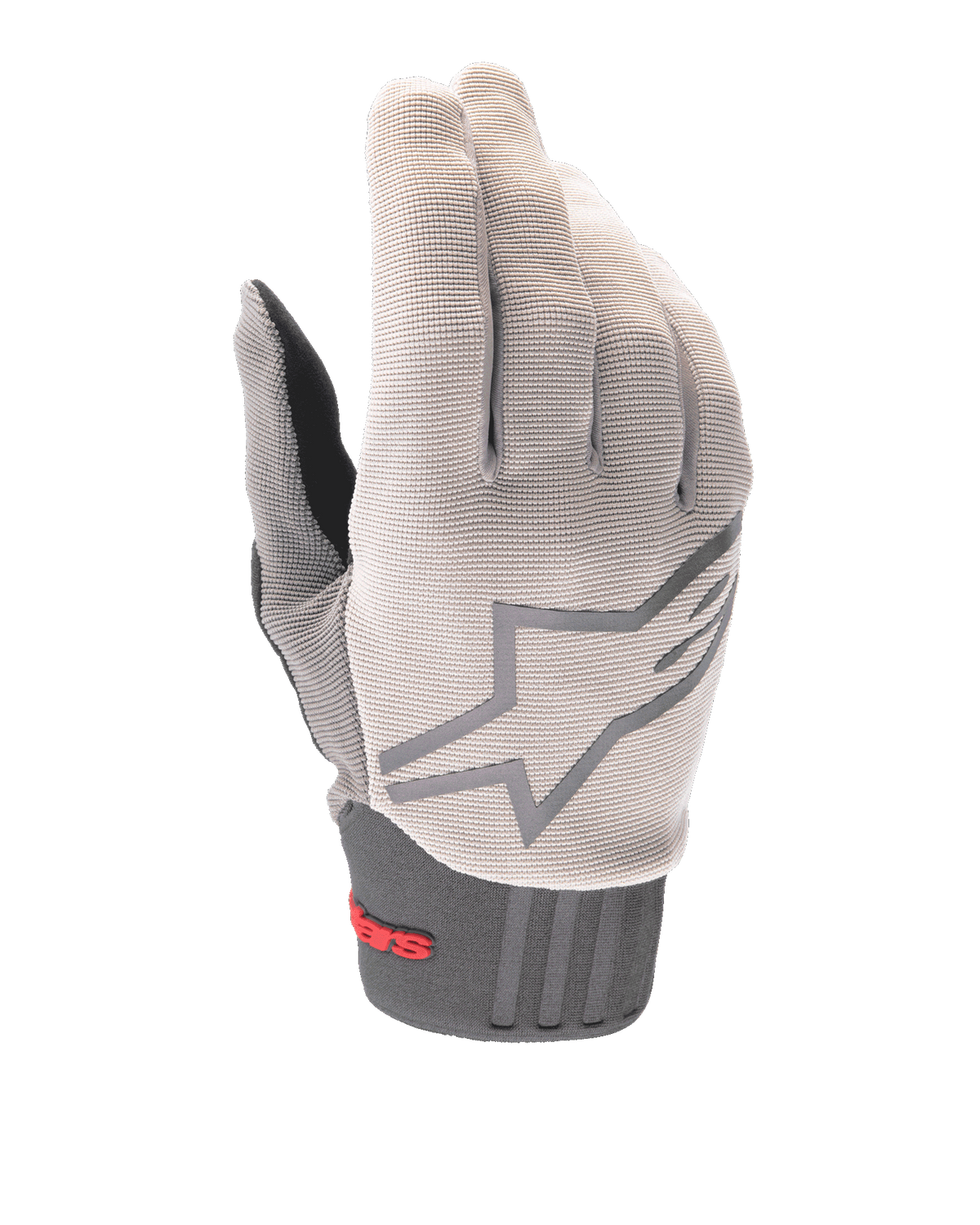 Guantes Alpinestars A-Dura, guantes para bicicleta de montaña, gris claro y gris carbón, con un gran logotipo de estrella en el dorso, marca Alpinestars roja en el puño de neopreno, parte superior de tejido elástico texturizado y diseño ergonómico para ciclismo todoterreno