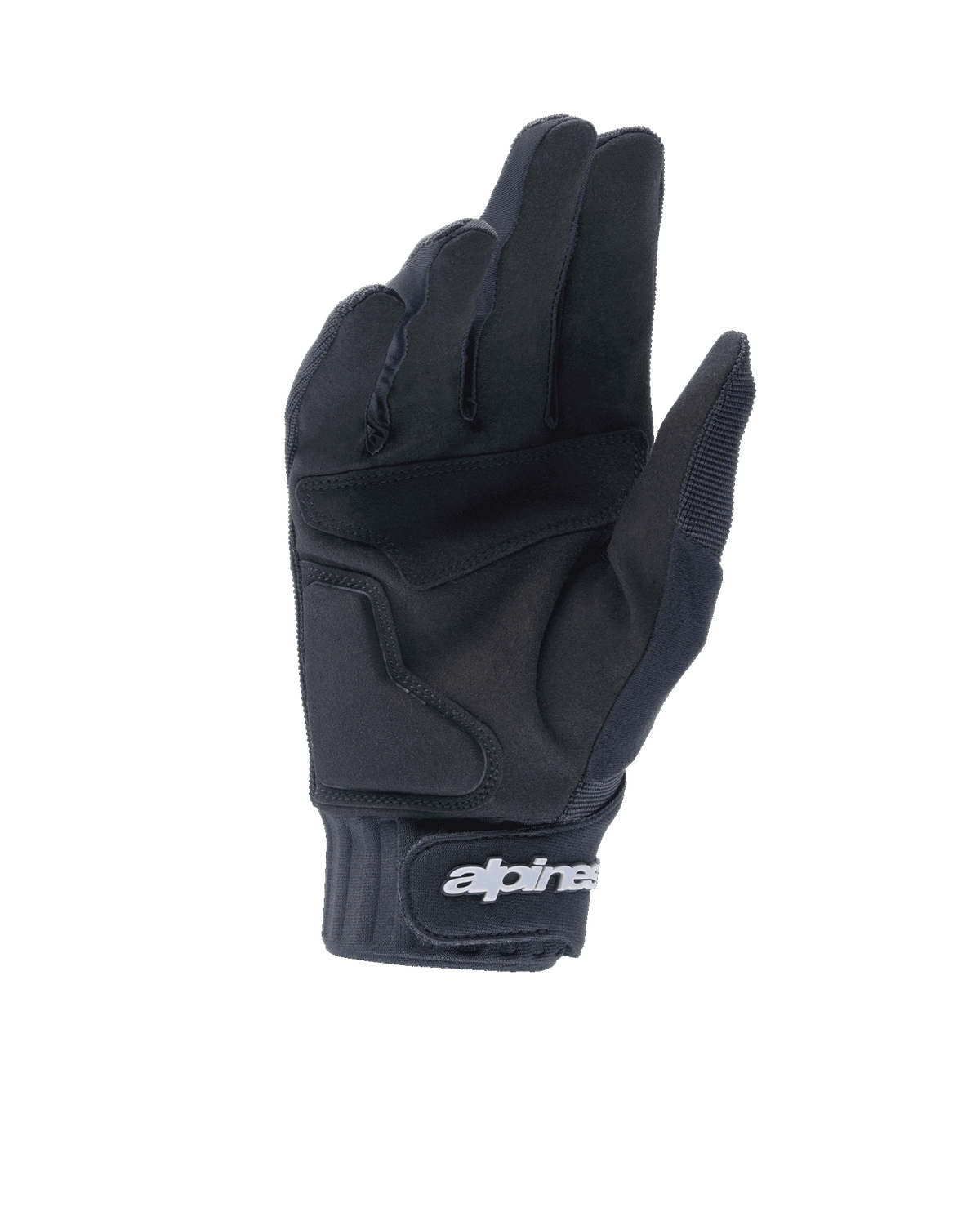 Alpinestars A-Dura Gel Gloves, Black Mountain Bike Gloves, Palm View showing synthetic suede construction and gel padding, neoprene cuff with hook and loop closure featuring white Alpinestars branding, ergonomic cycling gear for trail and enduro riding