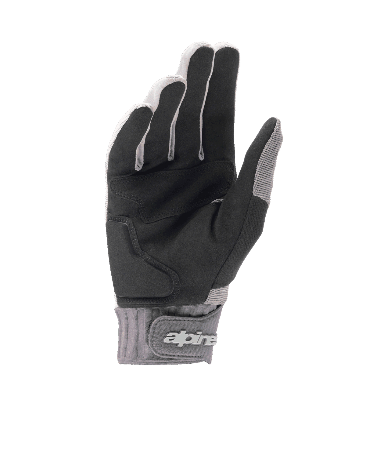 Guantes Alpinestars A-Dura Gel, guantes de mountain bike en gris claro y negro, vista de la palma que muestra ante sintético negro con acolchado de inserción de gel, puño de neopreno con cierre de muñeca de gancho y bucle con el logotipo de la marca, equipamiento ergonómico para ciclismo