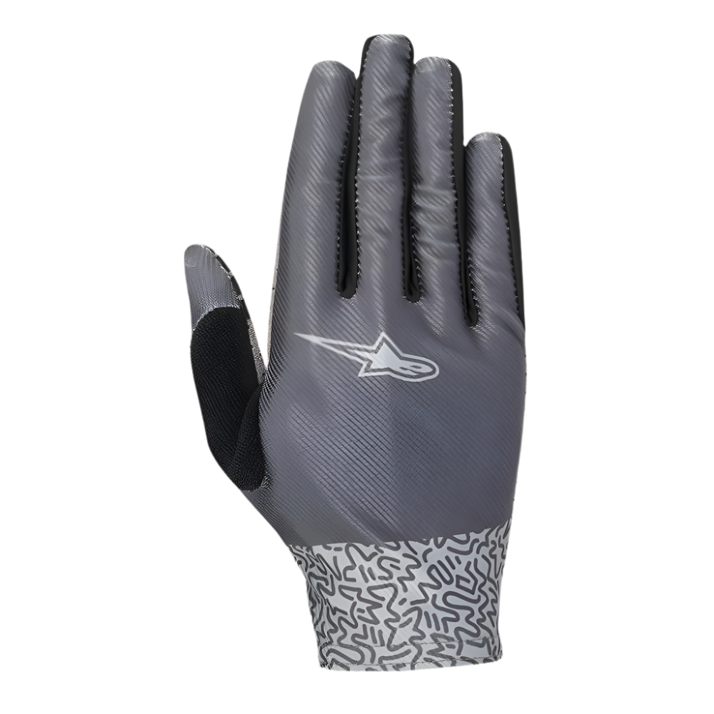 Guantes Alpinestars Stella Alderex Pro para mujer, guantes de ciclismo gris antracita, vista posterior con logotipo blanco de Alpinestars, parte superior de malla con textura diagonal y puño con diseño estampado
