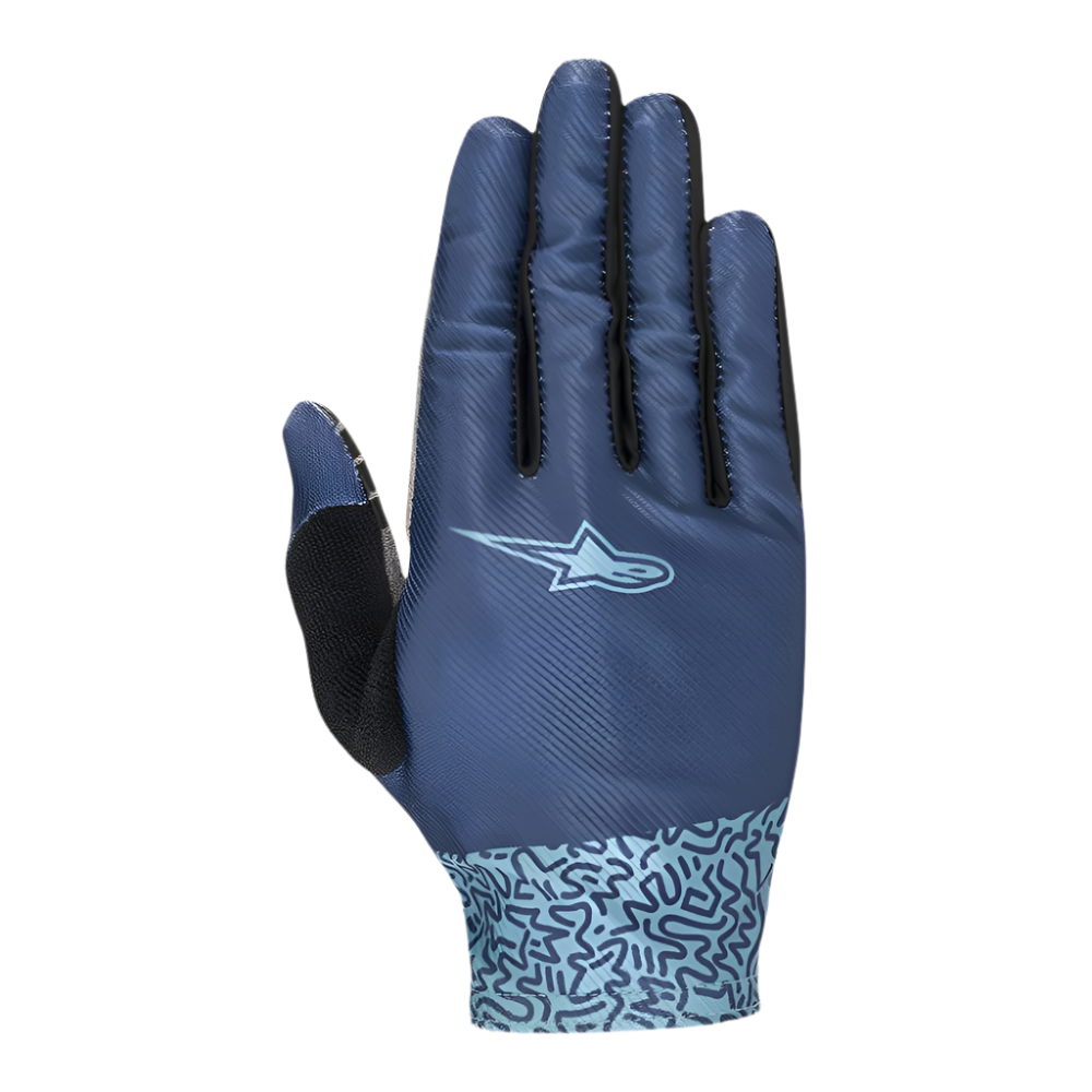 Guantes Alpinestars Stella Alderex Pro para mujer, azul medio, guantes de ciclismo MTB y todoterreno, vista superior con malla elástica transpirable, logotipo azul claro, patrón de garabatos abstractos en el puño y parche de tela de rizo negro en el pulgar