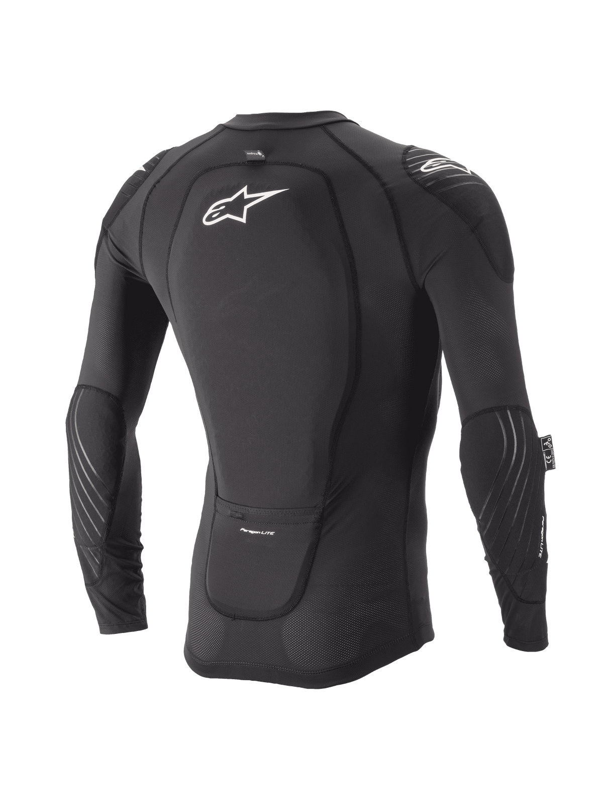 Alpinestars Youth Paragon Lite Protection Jacket, manga larga, negro, vista trasera que muestra el protector de espalda integrado y el logotipo blanco, mangas de malla transpirable con acolchado en los codos, armadura corporal ligera para MTB