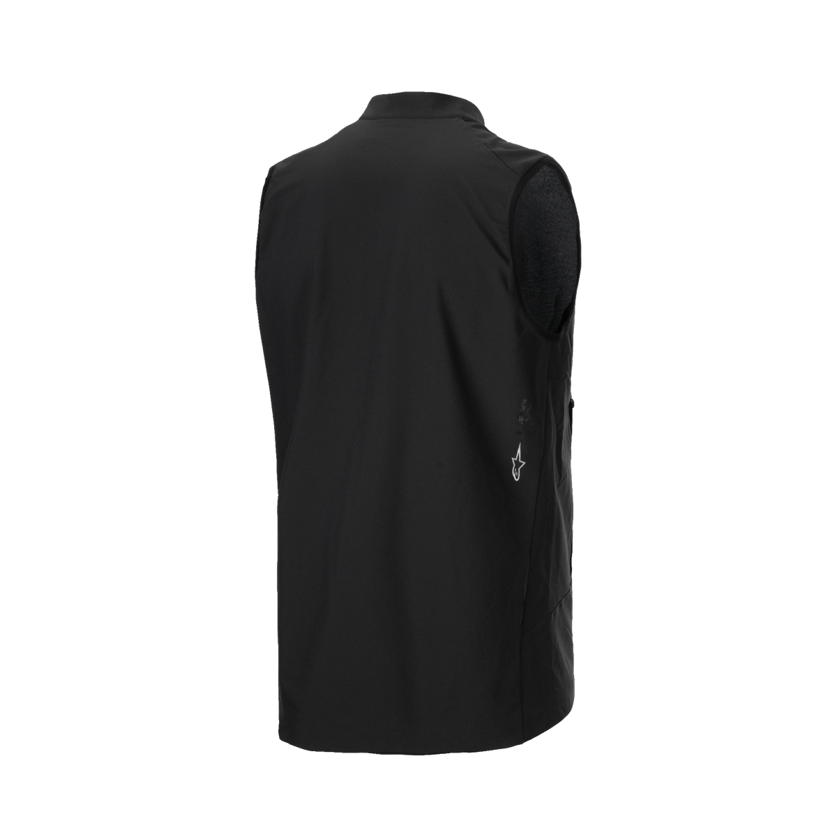 Alpinestars A-Dura Thermal Vest, chaleco de ciclismo negro, vista trasera en tres cuartos que muestra el tejido suave y un pequeño logotipo blanco de Alpinestars en el lateral inferior, aislamiento térmico ligero para ciclismo de montaña