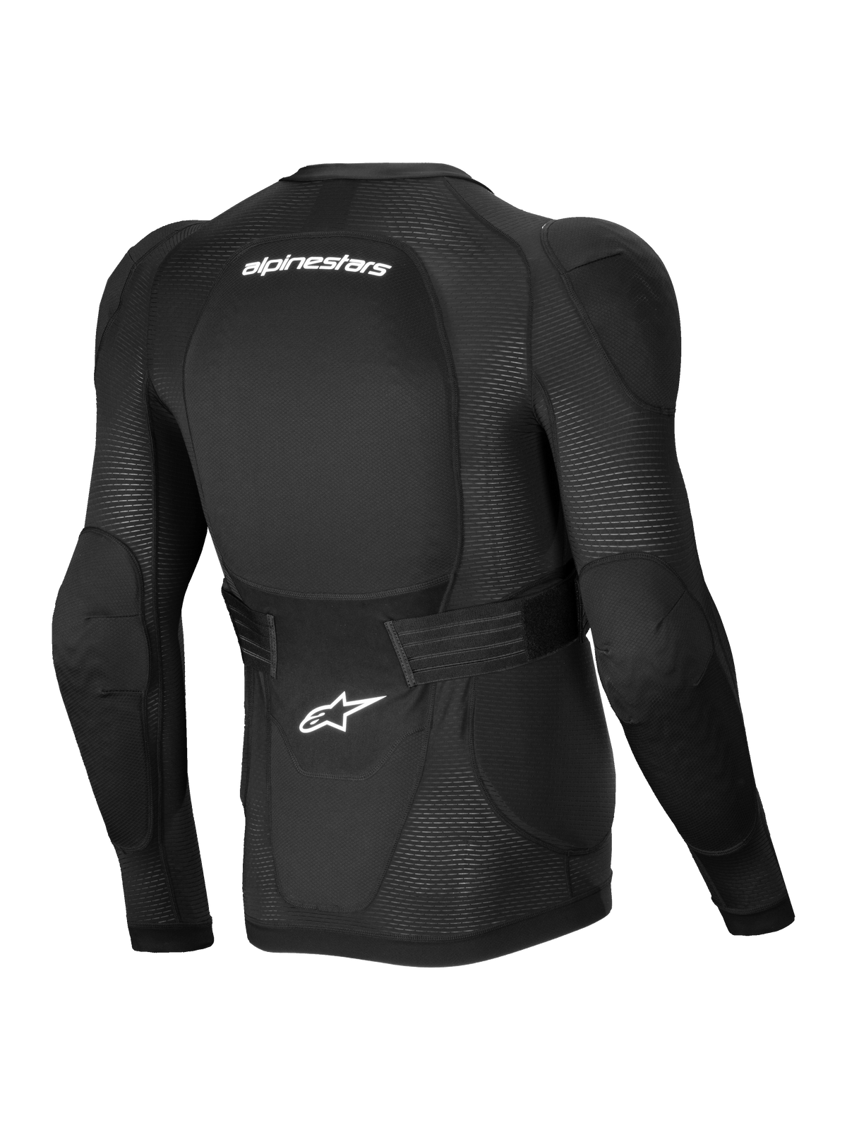 Alpinestars Chaqueta Protectora A-Impact Plasma, chaqueta protectora de manga larga para MTB de hombre, color negro con detalles en blanco, vista trasera con malla elástica transpirable y cinturón ajustable