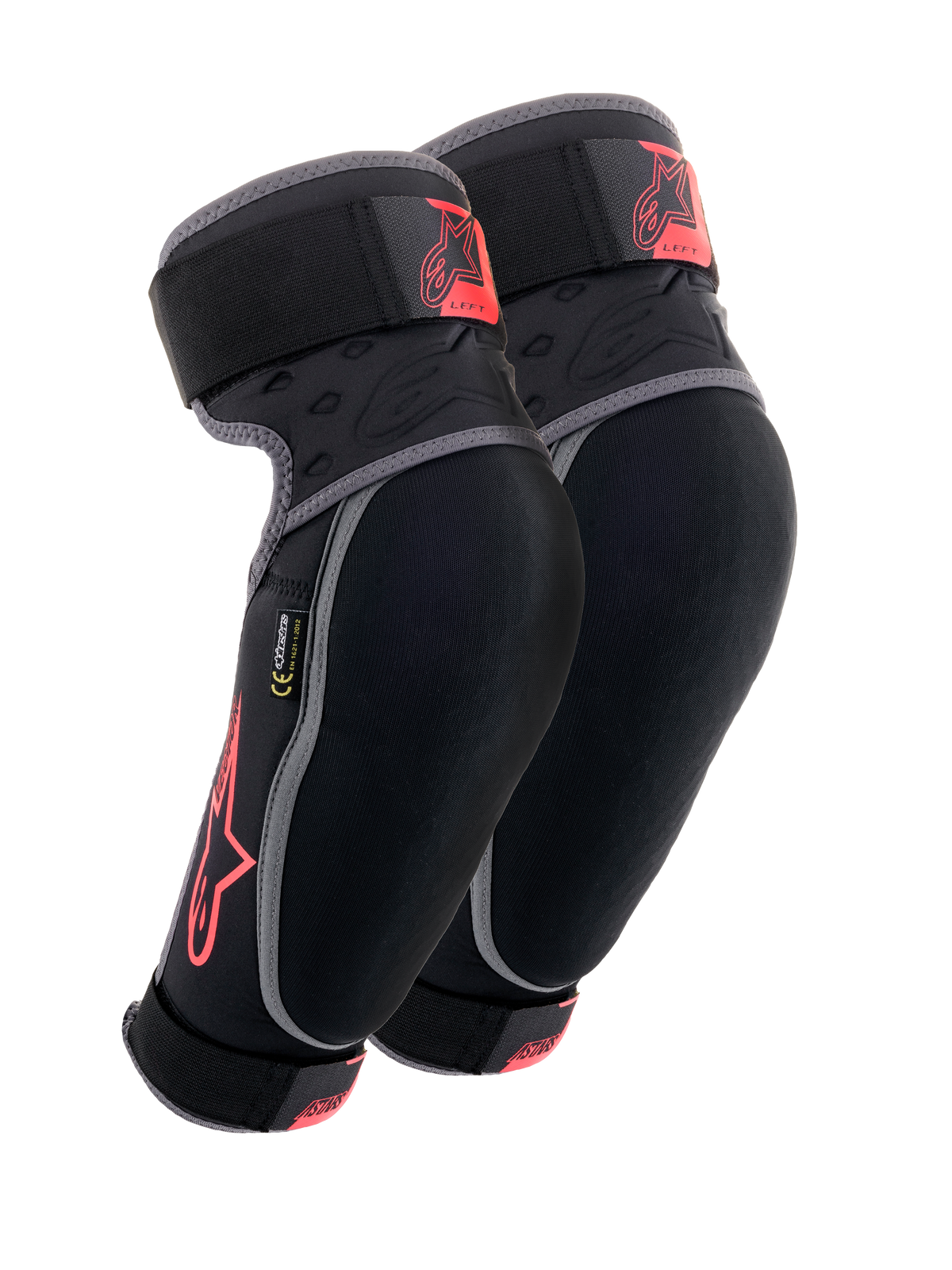 Protectores de codo Alpinestars Vector, negro antracita y rojo, equipo de protección para MTB, par de coderas con ribetes grises, logo de estrella roja y marca Vector, correas ajustables y ajuste de compresión ergonómico