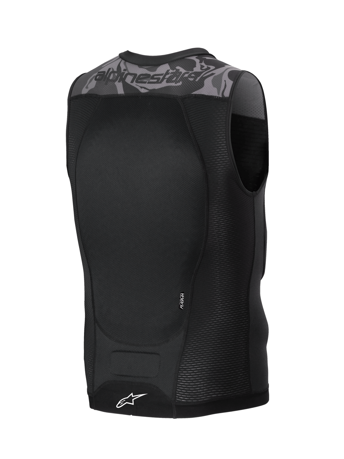 Alpinestars Chaleco Protector A-Motion Plasma, chaleco de protección para ciclismo MTB y off-road, negro y gris con estampado de camuflaje, protector de espalda Nucleon Plasma, vista trasera