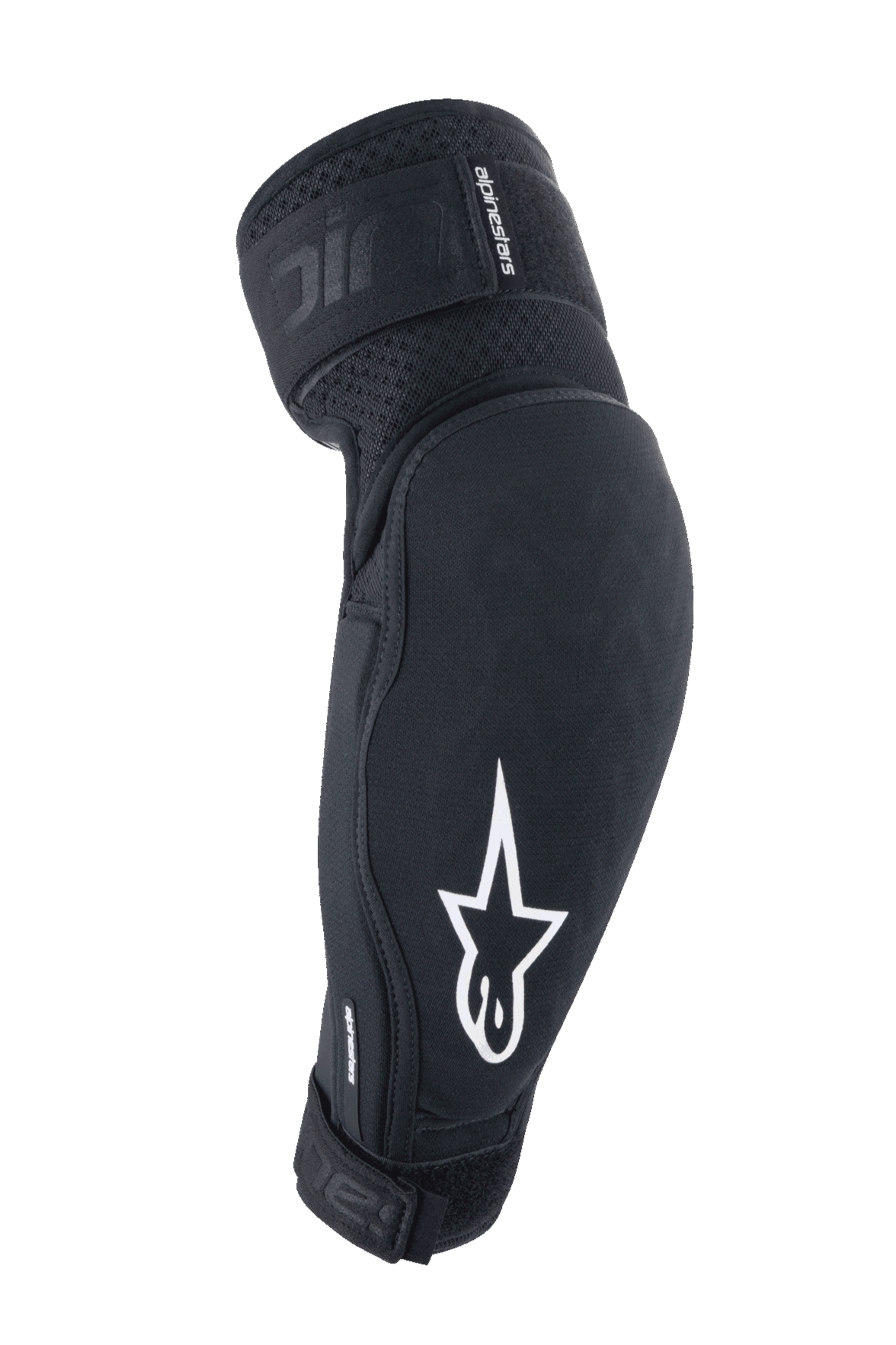 Alpinestars A-Impact Plasma Elite, protectores de codo para MTB, negro y blanco, equipo de protección con logotipo de estrella blanca, tejido texturizado transpirable, correas ajustables con cierre de velcro y diseño ergonómico precurvado