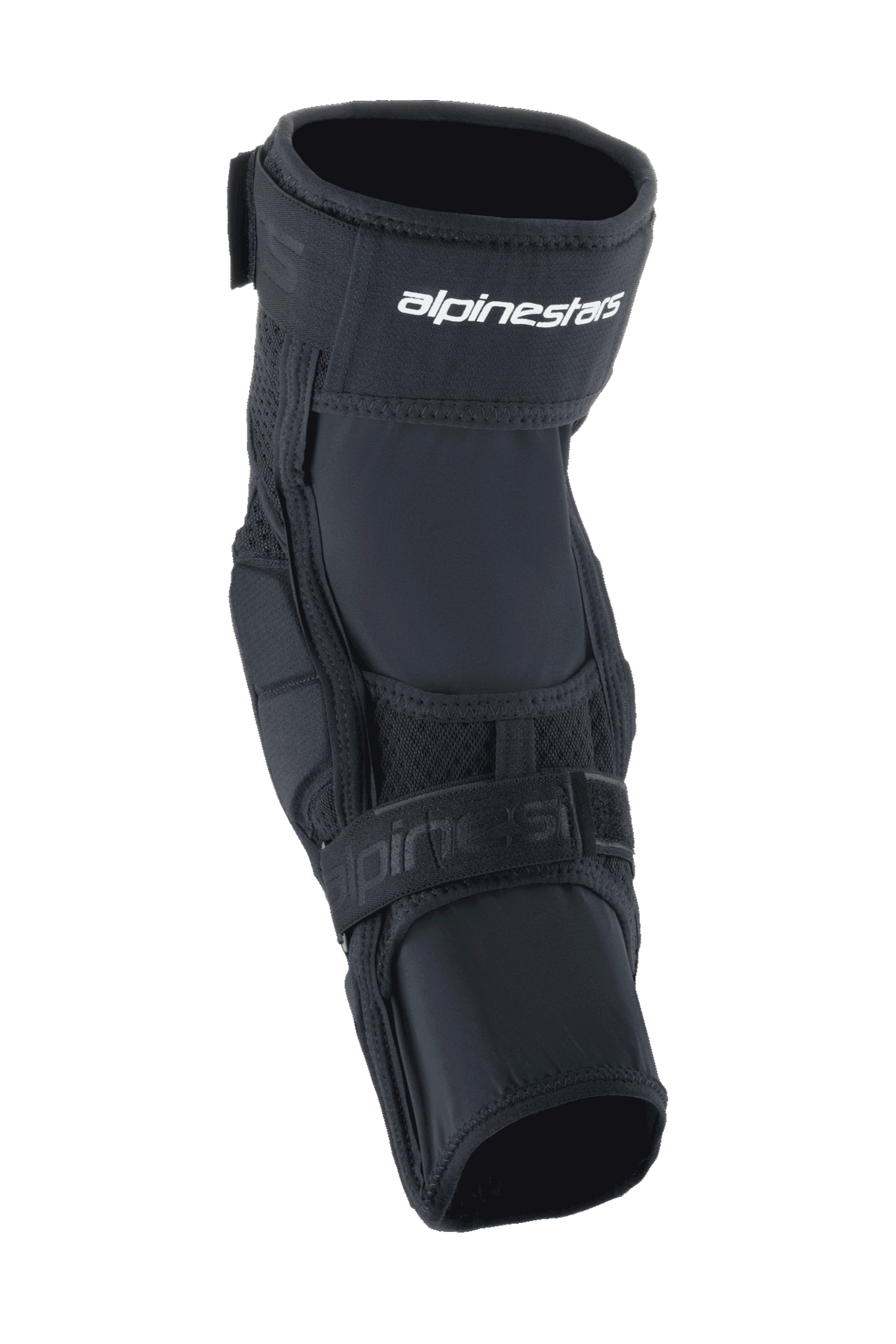 Protector de rodilla Alpinestars A-Impact Plasma Elite, protector de rodilla para ciclismo, negro y blanco, con un sistema de cierre de doble correa con el logotipo de Alpinestars en blanco, paneles de malla y un diseño ergonómico precurvado para protección contra impactos en MTB