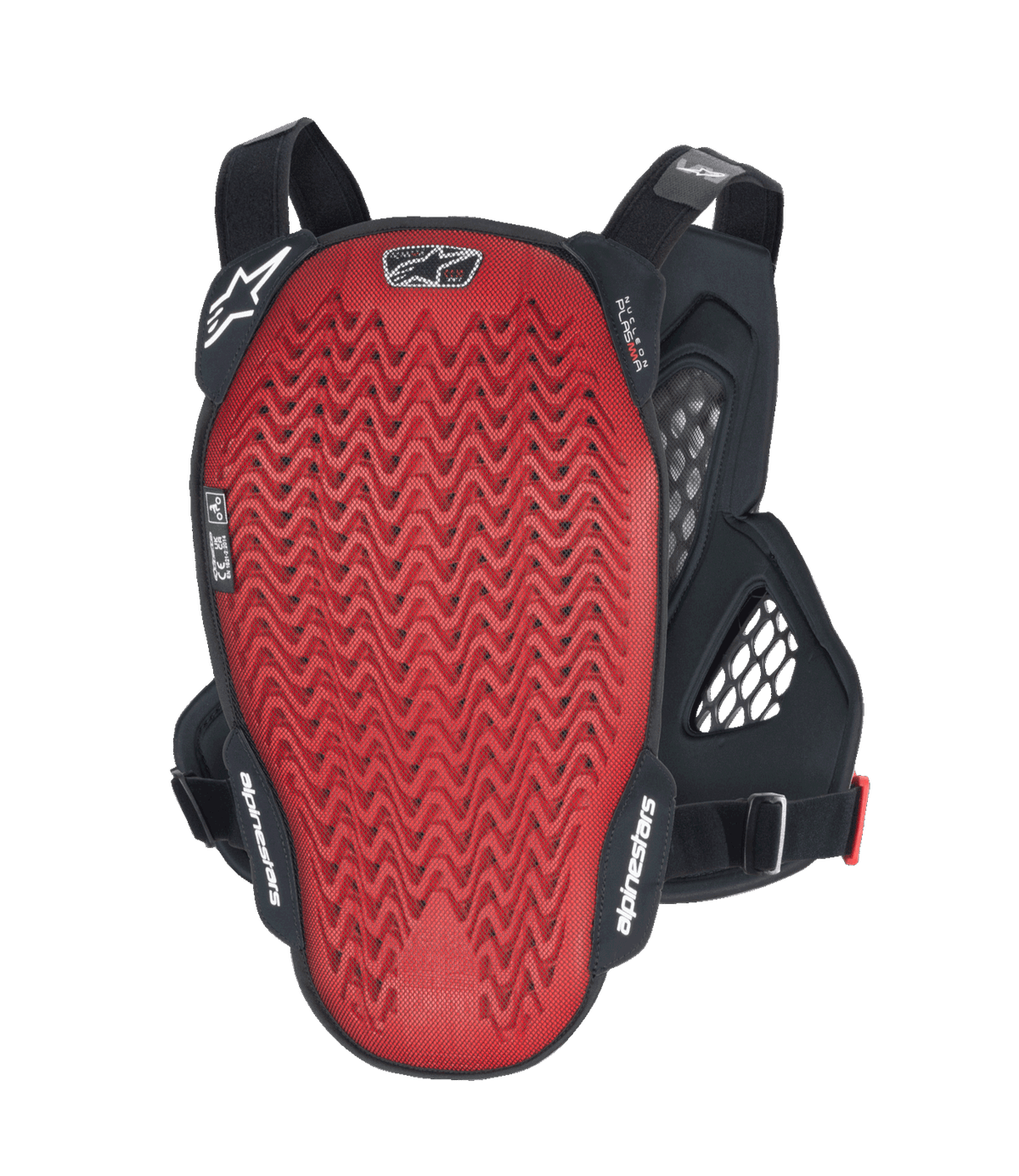 Protector de pecho Alpinestars A-6 Plasma, vista trasera, placa de espalda Nucleon PLASMA con textura roja, alas laterales negras y correas ajustables, equipo de protección de MTB de gravedad en negro, antracita y rojo