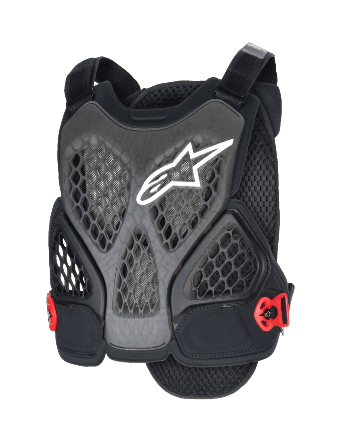 Alpinestars A-6 Plasma, peto protector de pecho para MTB, negro antracita y rojo, con logo de estrella blanca, paneles de malla de panal perforados para ventilación, hebillas laterales rojas y correas ajustables, diseñado para protección en ciclismo de montaña de gravedad y todoterreno.