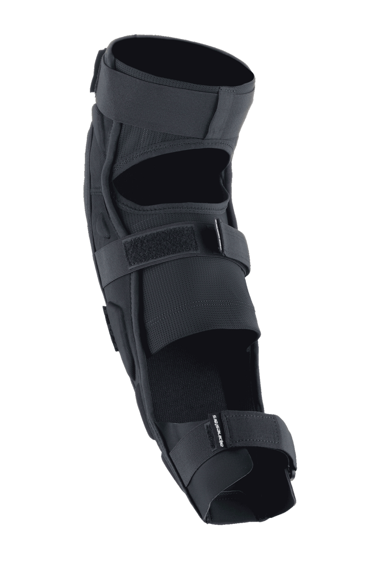 Protector de rodilla y espinilla Alpinestars A-Impact Plasma Pro, negro, vista posterior con sistema de cierre de triple correa, paneles de malla transpirable y diseño ergonómico precurvado para protección en ciclismo de montaña