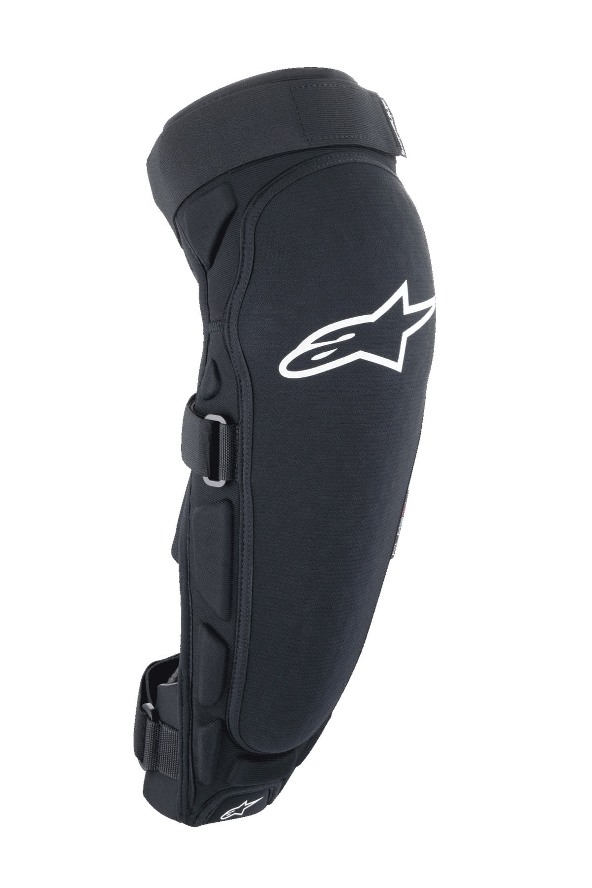 Protector de rodilla y espinilla Alpinestars A-Impact Plasma Pro, negro y blanco, vista lateral con gran logotipo Astar blanco, acolchado lateral y sistema de cierre de correas seguro, protección para ciclismo fuera de carretera