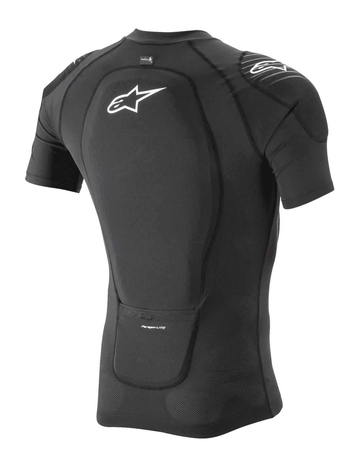 Chaqueta protectora Alpinestars Paragon Lite de manga corta, negra, vista trasera en tres cuartos que muestra el protector de espalda integrado y la construcción de malla elástica transpirable, con el logotipo blanco de Alpinestars en la espalda y el hombro, equipo de protección ligero para bicicleta de montaña