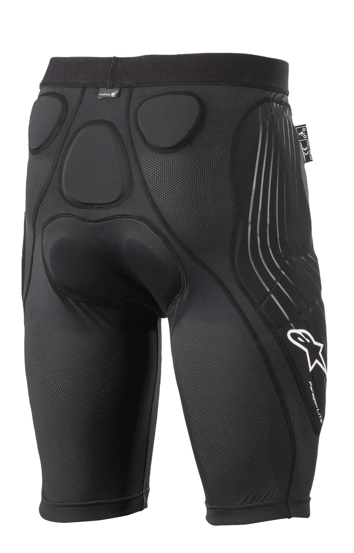 Shorts de protección Alpinestars Paragon Lite, negro, vista trasera con acolchado de espuma viscoelástica integrado para la protección de la cadera y el cóccix, diseño de malla transpirable, logotipo blanco de Alpinestars y marca Paragon Lite en la pierna, equipo de protección ligero para ciclismo