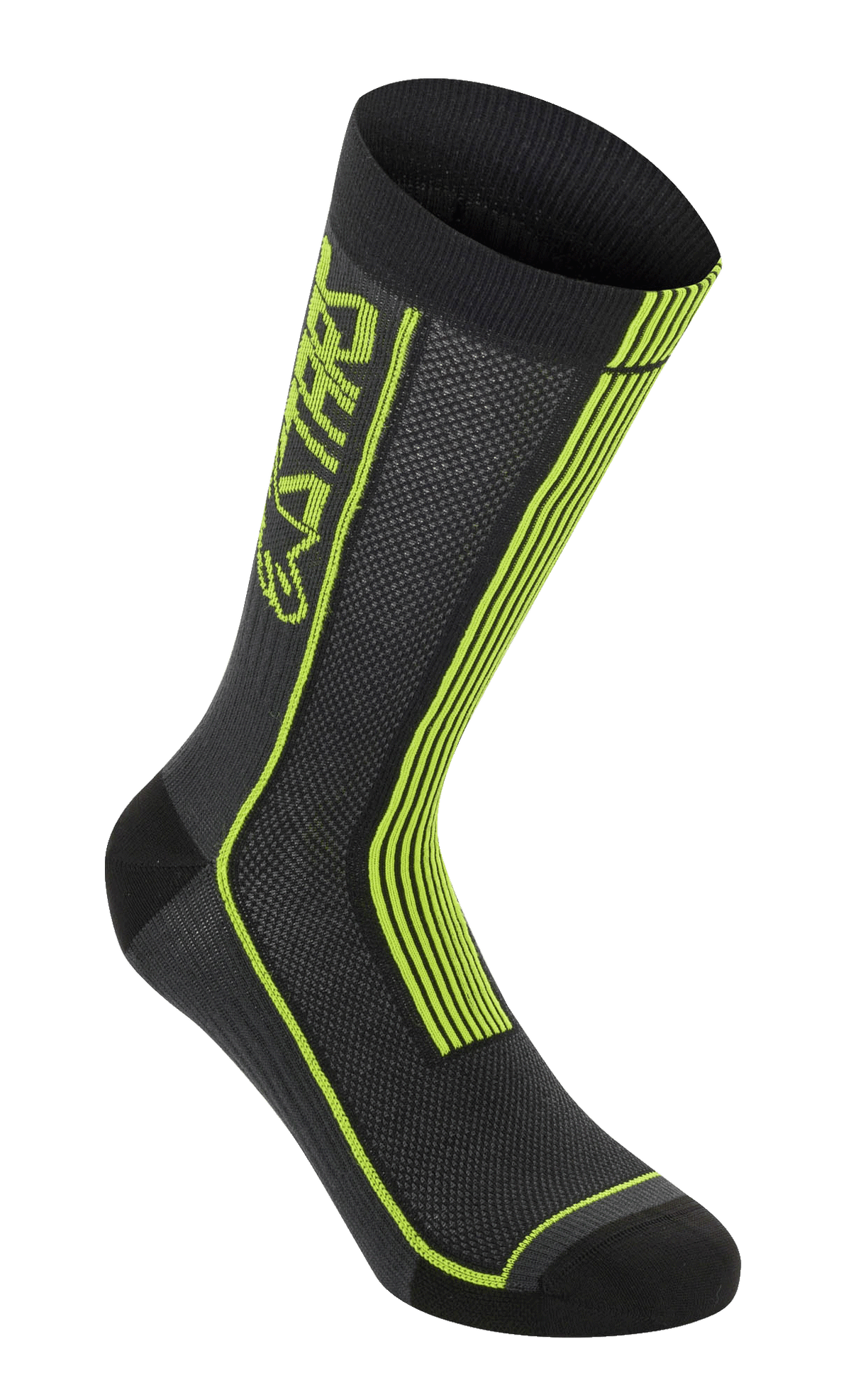 Alpinestars Summer Socks, Cycling Socks, Black and Acid Yellow, featuring neon yellow vertical stripes and ASTARS branding, breathable mesh construction with ribbed top cuff, reinforced toe and heel, lightweight performance gear for mountain biking.