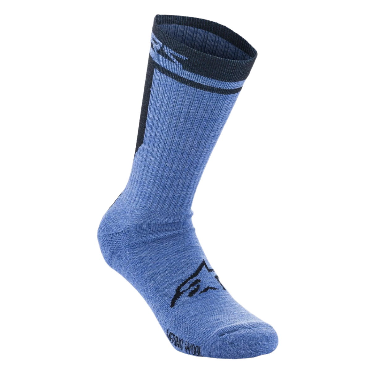 Alpinestars Merino Socks 24, Cycling Socks, Blue Black, technical merino wool construction with black Alpinestars logo on the instep, mid-calf length with dark-colored ribbed cuff and branding.