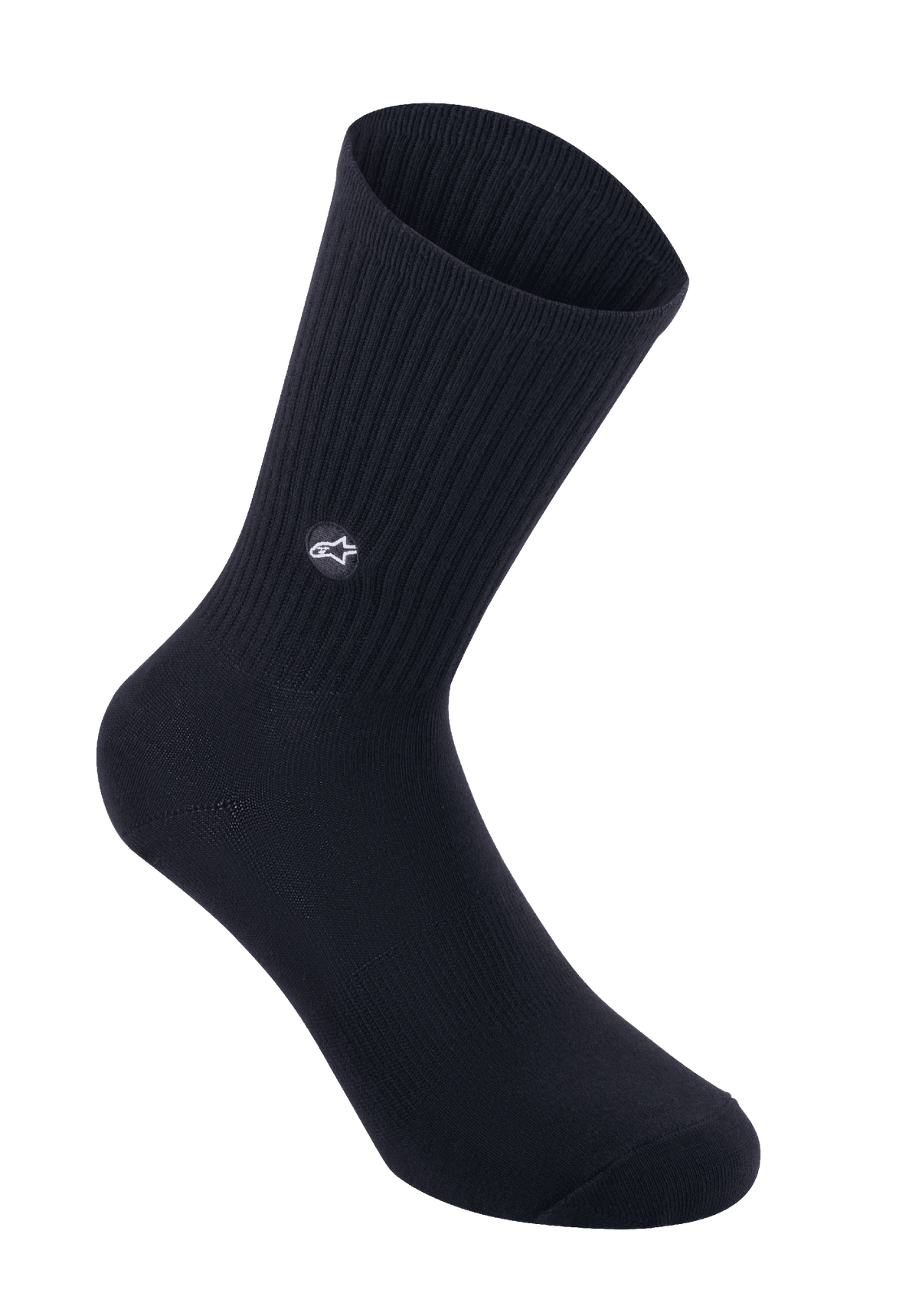 Alpinestars Alps Crew Socks, calcetines de ciclismo, negros, pantorrilla de punto acanalado con parche de logotipo de estrella bordado, estilo crew clásico para MTB y ciclismo de carretera