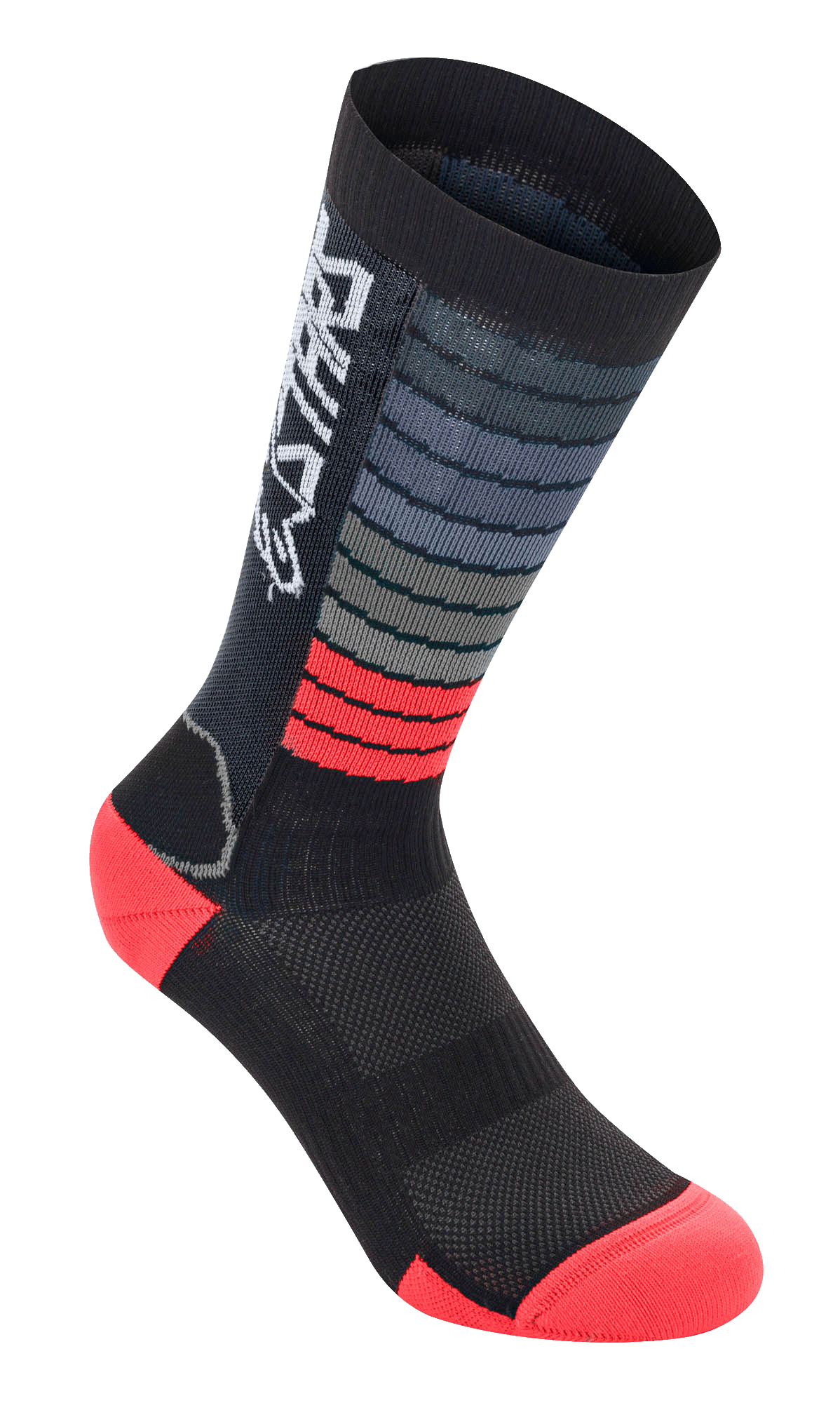 Alpinestars Drop Socks, calcetines de ciclismo de alto rendimiento, negro y rojo brillante, con rayas horizontales grises y rojas, logo Astars blanco en el puño, talón y puntera reforzados, construcción de malla para equipamiento de MTB