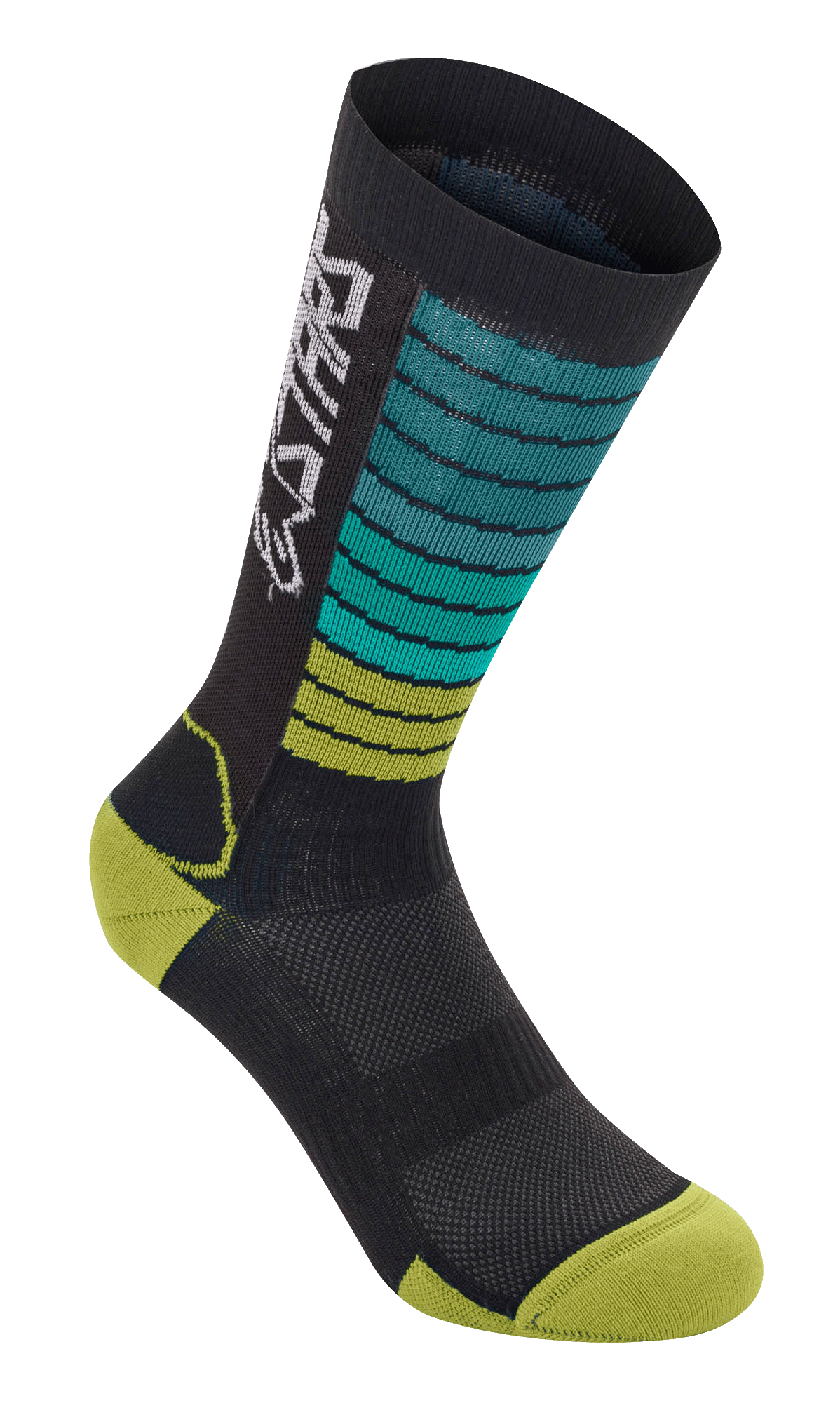 Alpinestars Drop Socks, calcetines de ciclismo de montaña MTB, negros con rayas degradadas en azul turquesa y verde lima, puntera y talón verde amarillento, con logotipo Astars blanco y textura de malla transpirable