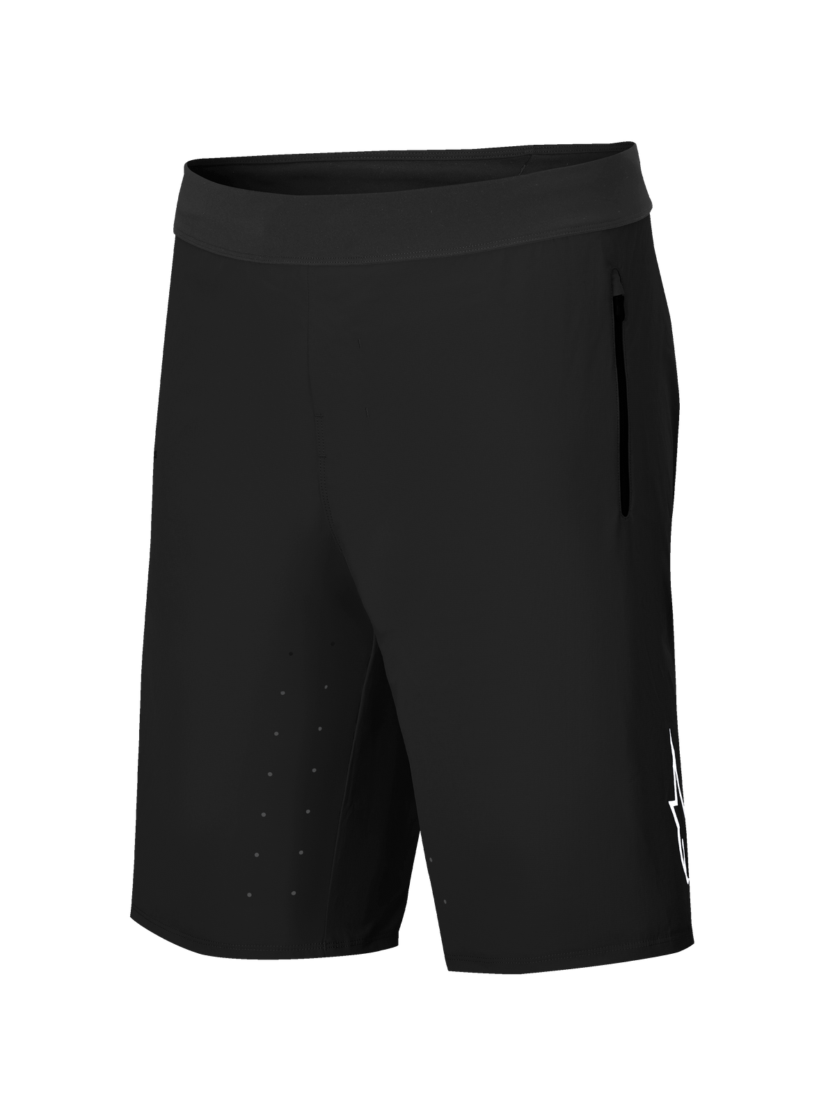Alpinestars A-Aria Lite Short, shorts de ciclismo para mountain bike, color negro, con cintura ancha, bolsillo lateral con cremallera, orificios de ventilación cortados por láser en el interior del muslo y logotipo Astars blanco, equipamiento de trail de alto rendimiento