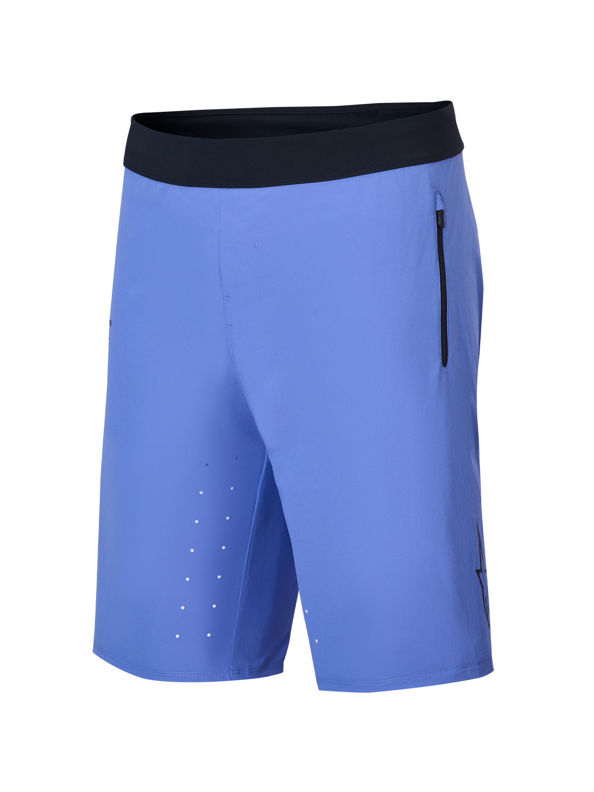 Alpinestars A-Aria Lite Short, Mountain Bike Shorts, Baja Blue, featuring a black ultra-soft waistband, vertical zippered side pocket, laser-cut ventilation holes on the inner thigh, and a lightweight performance fit for trail riding.