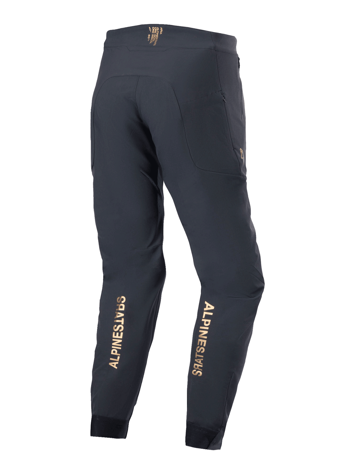 Pantalones Alpinestars A-Aria Elite, pantalones de ciclismo de montaña, negros, vista trasera con logotipos verticales dorados en la parte inferior de las piernas, ajuste de rendimiento con cintura absorbente y bolsillos con cremallera, diseñados para ciclismo de montaña.