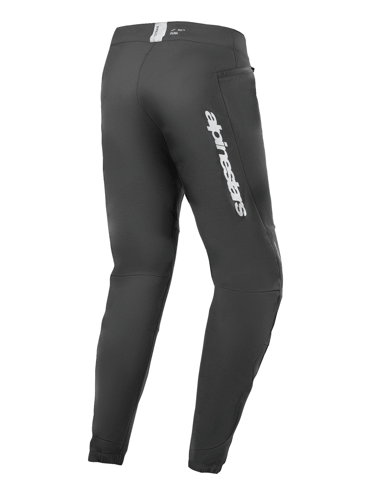 Pantalones Alpinestars A-Dura Elite, pantalones de ciclismo de montaña, negro, vista lateral trasera con el logotipo plateado de Alpinestars en el muslo, bolsillo con cremallera y puños elásticos, equipamiento técnico duradero para MTB