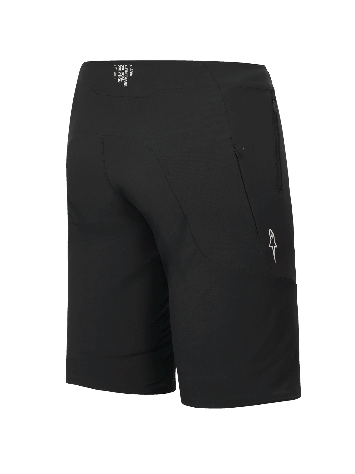 Alpinestars A-Aria Elite Shorts, shorts de MTB, Black Titanium, vista lateral trasera con bolsillo con cremallera y logotipo de estrella blanca, ajuste de rendimiento para ciclismo